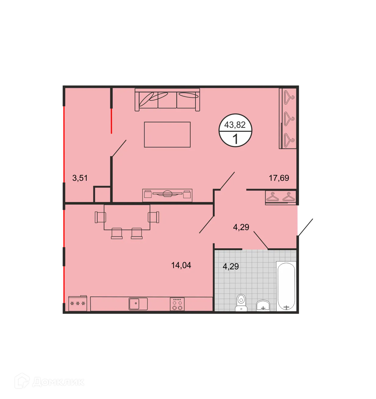 Планировка 1-комнатной квартиры 43.82 м² в ЖК Дыхание, г. Ставрополь — фото 2