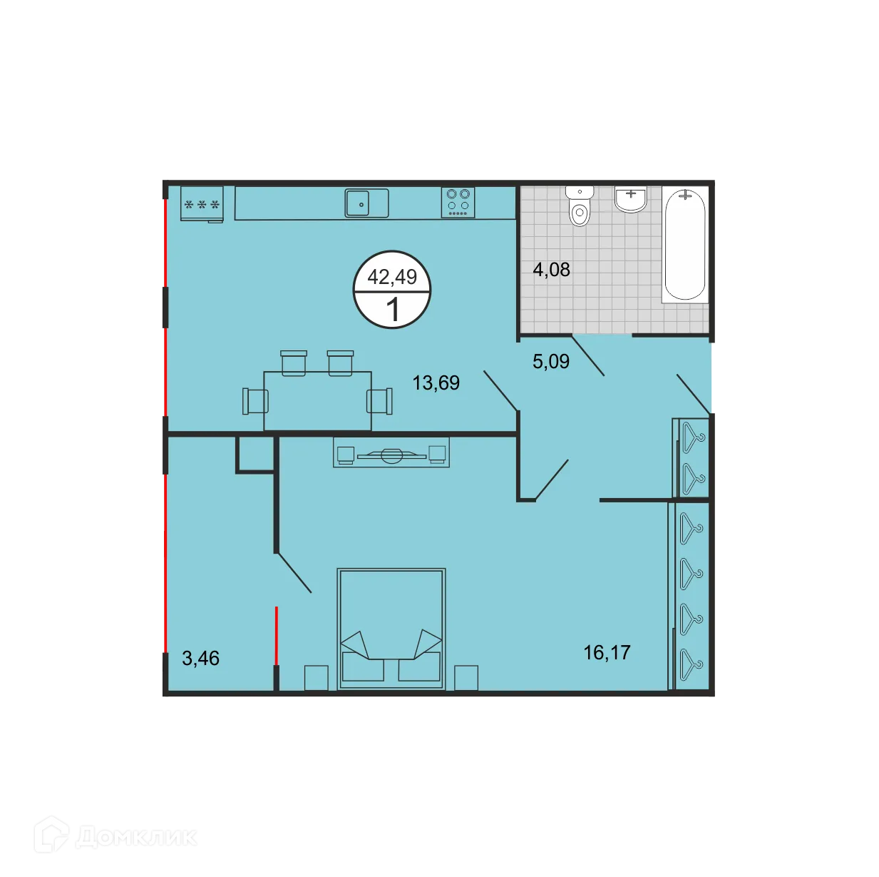Планировка 1-комнатной квартиры 42.49 м² в ЖК Дыхание, г. Ставрополь — фото 2