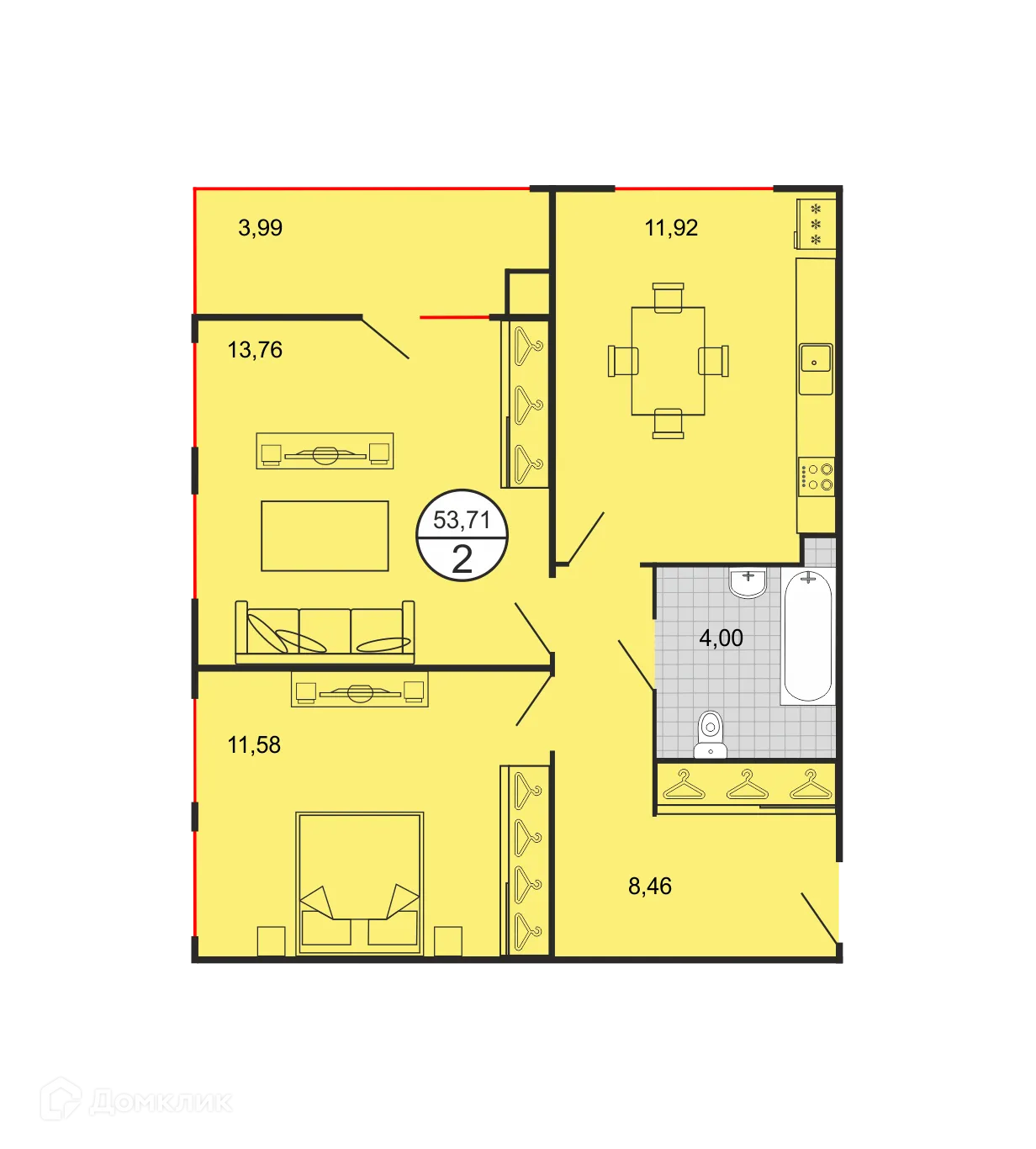 Планировка 2-комнатной квартиры 53.71 м² в ЖК Дыхание, г. Ставрополь — фото 2