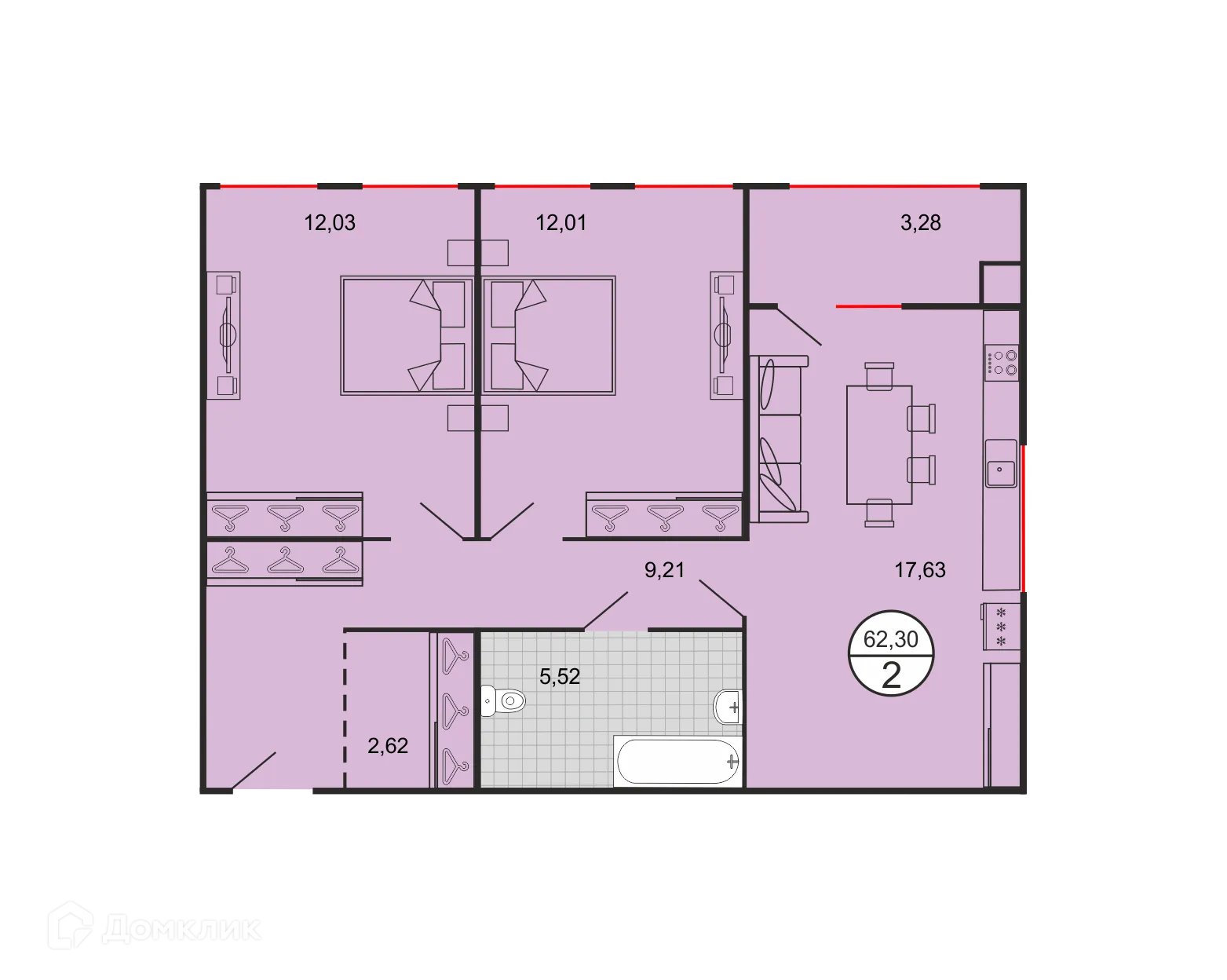 Планировка 2-комнатной квартиры 62.3 м² в ЖК Дыхание, г. Ставрополь — фото 2