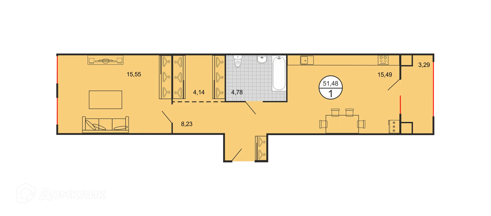 Планировка 1-комнатной квартиры 51.48 м² в ЖК Дыхание, г. Ставрополь — фото 2