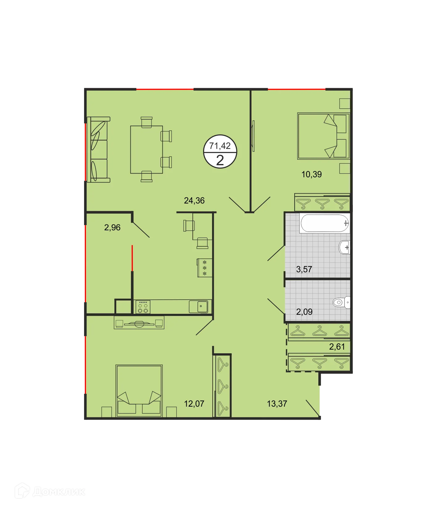 Планировка 2-комнатной квартиры 71.42 м² в ЖК Дыхание, г. Ставрополь — фото 2