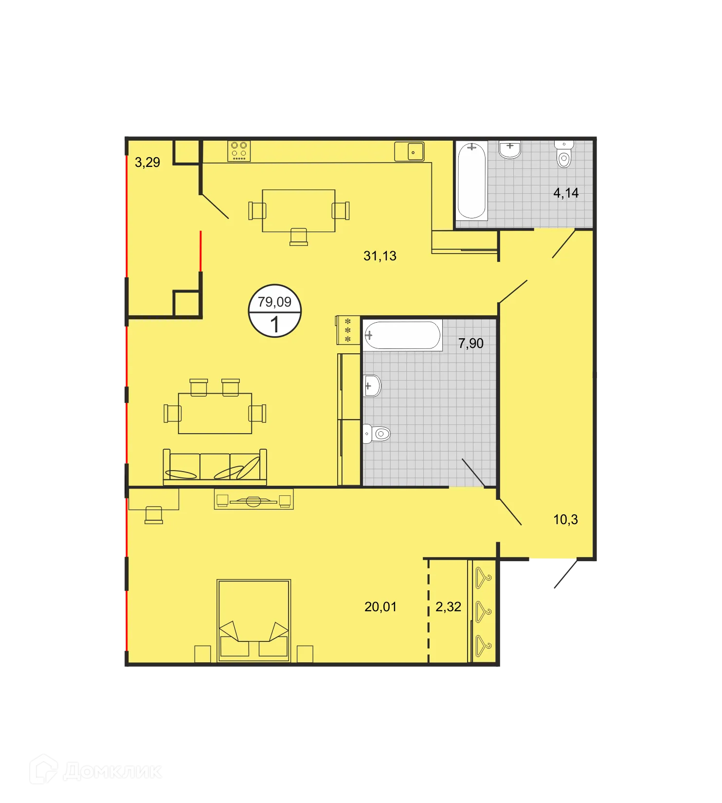 Планировка 1-комнатной квартиры 79.09 м² в ЖК Дыхание, г. Ставрополь — фото 2