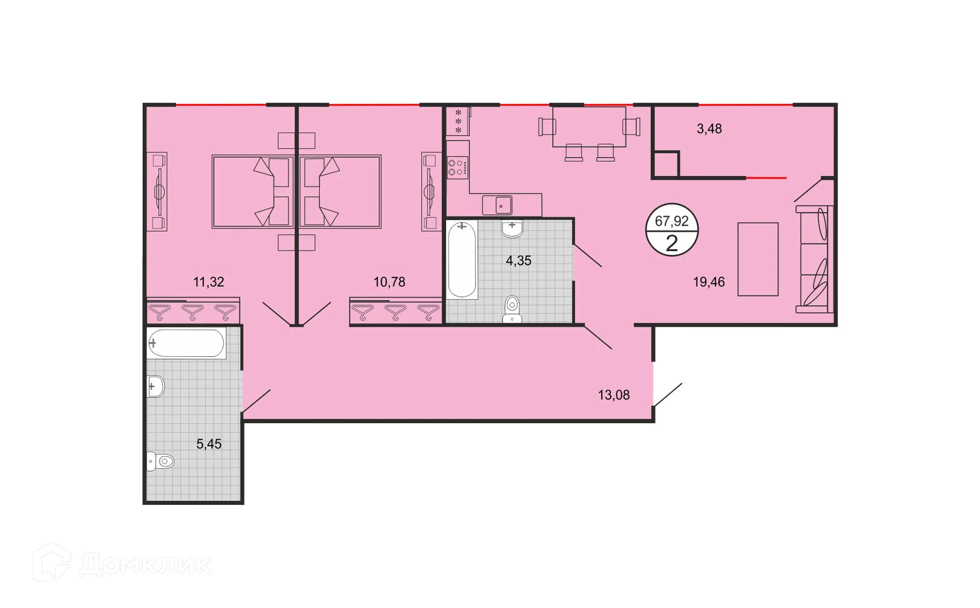 Планировка 2-комнатной квартиры 67.92 м² в ЖК Дыхание, г. Ставрополь — фото 2