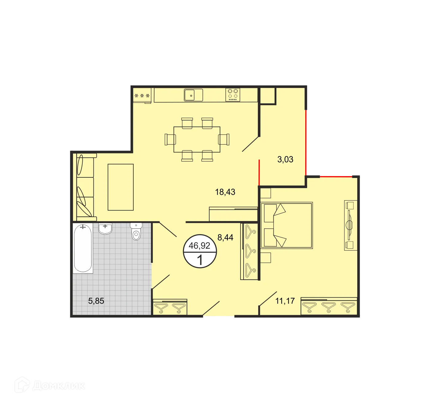 Планировка 1-комнатной квартиры 46.92 м² в ЖК Дыхание, г. Ставрополь — фото 2