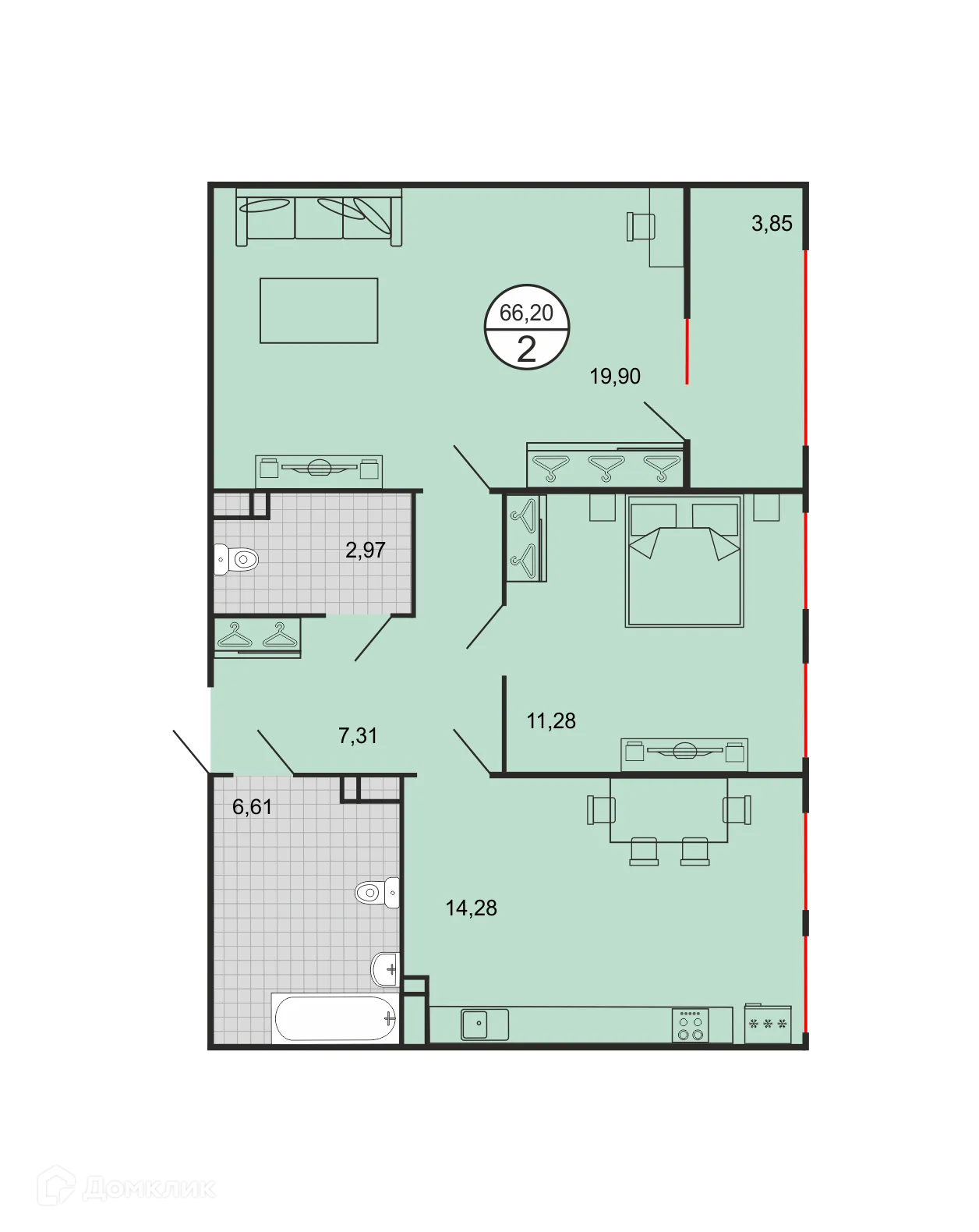 Планировка 2-комнатной квартиры 66.2 м² в ЖК Дыхание, г. Ставрополь — фото 2