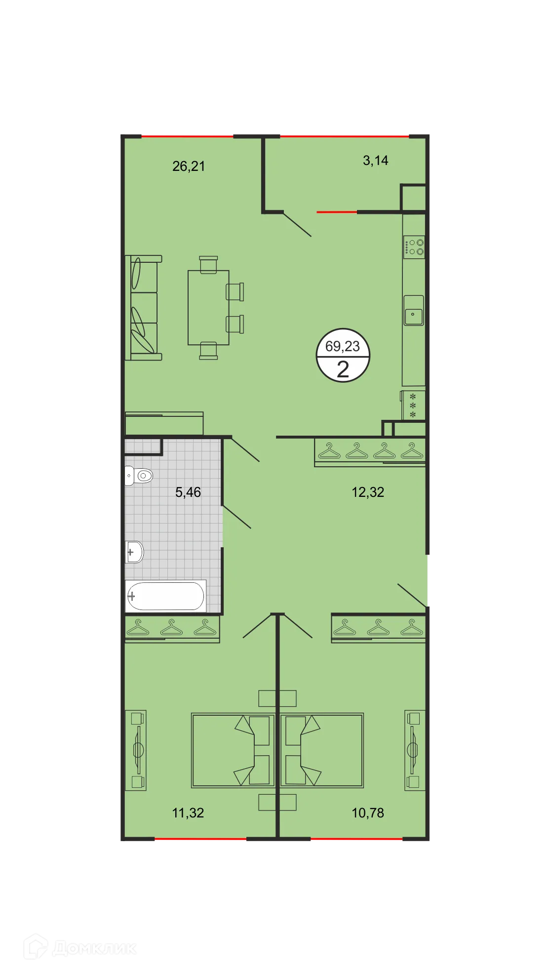 Планировка 2-комнатной квартиры 69.23 м² в ЖК Дыхание, г. Ставрополь — фото 6