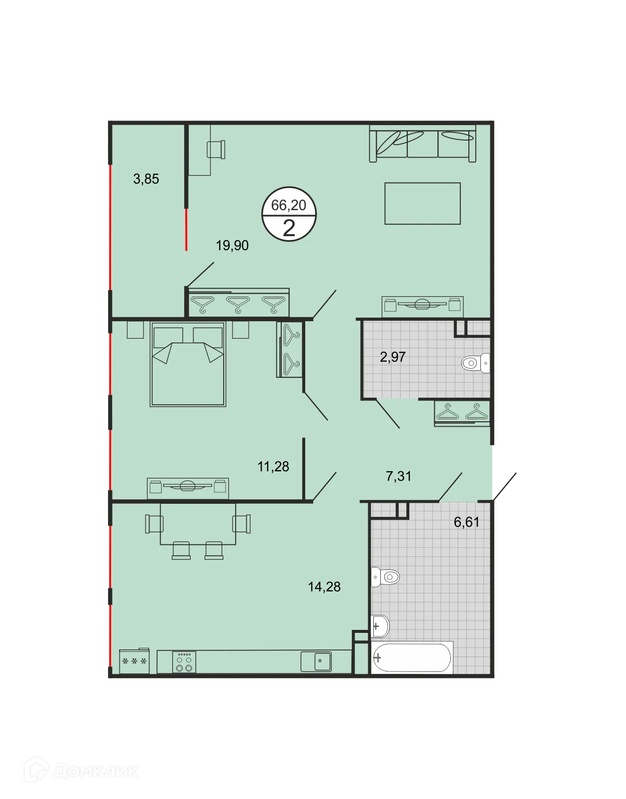 Планировка 2-комнатной квартиры 66.2 м² в ЖК Дыхание, г. Ставрополь — фото 1