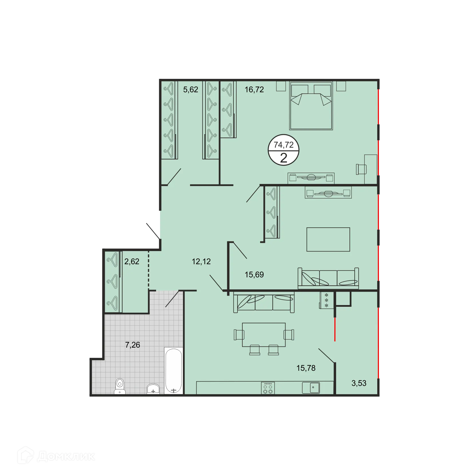 Планировка 2-комнатной квартиры 74.72 м² в ЖК Дыхание, г. Ставрополь — фото 2