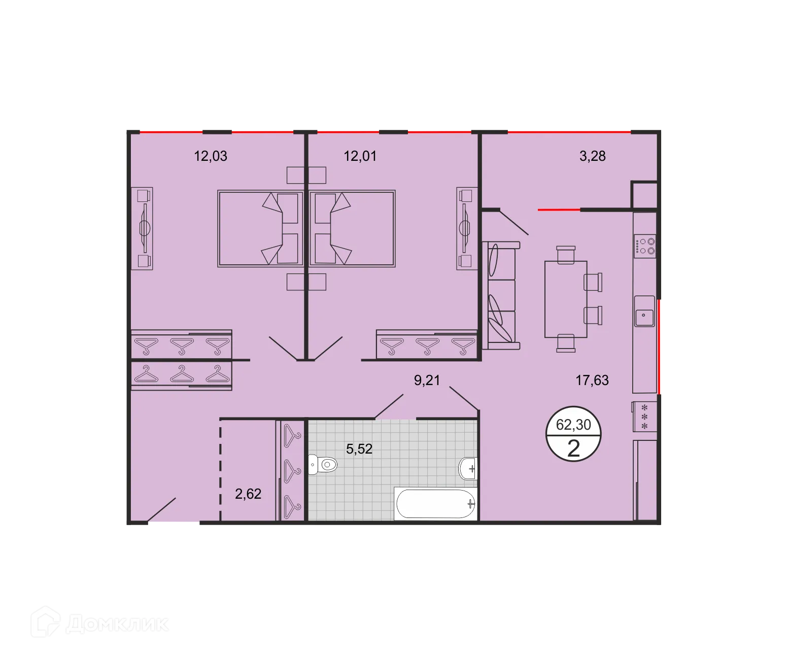 Планировка 2-комнатной квартиры 62.3 м² в ЖК Дыхание, г. Ставрополь — фото 2
