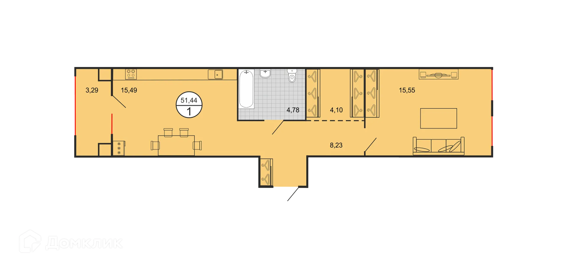Планировка 1-комнатной квартиры 51.44 м² в ЖК Дыхание, г. Ставрополь — фото 2
