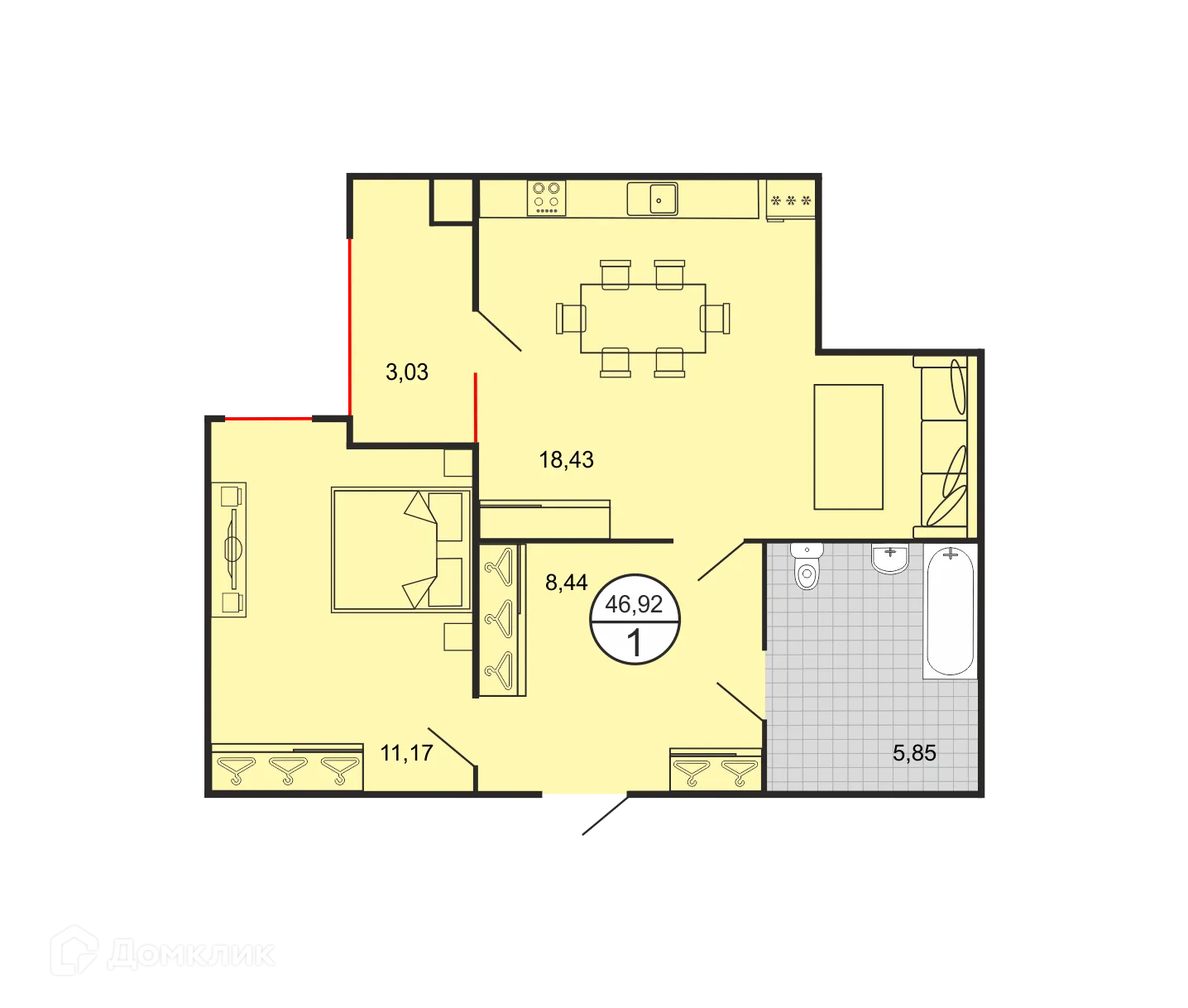 Планировка 1-комнатной квартиры 46.92 м² в ЖК Дыхание, г. Ставрополь — фото 2