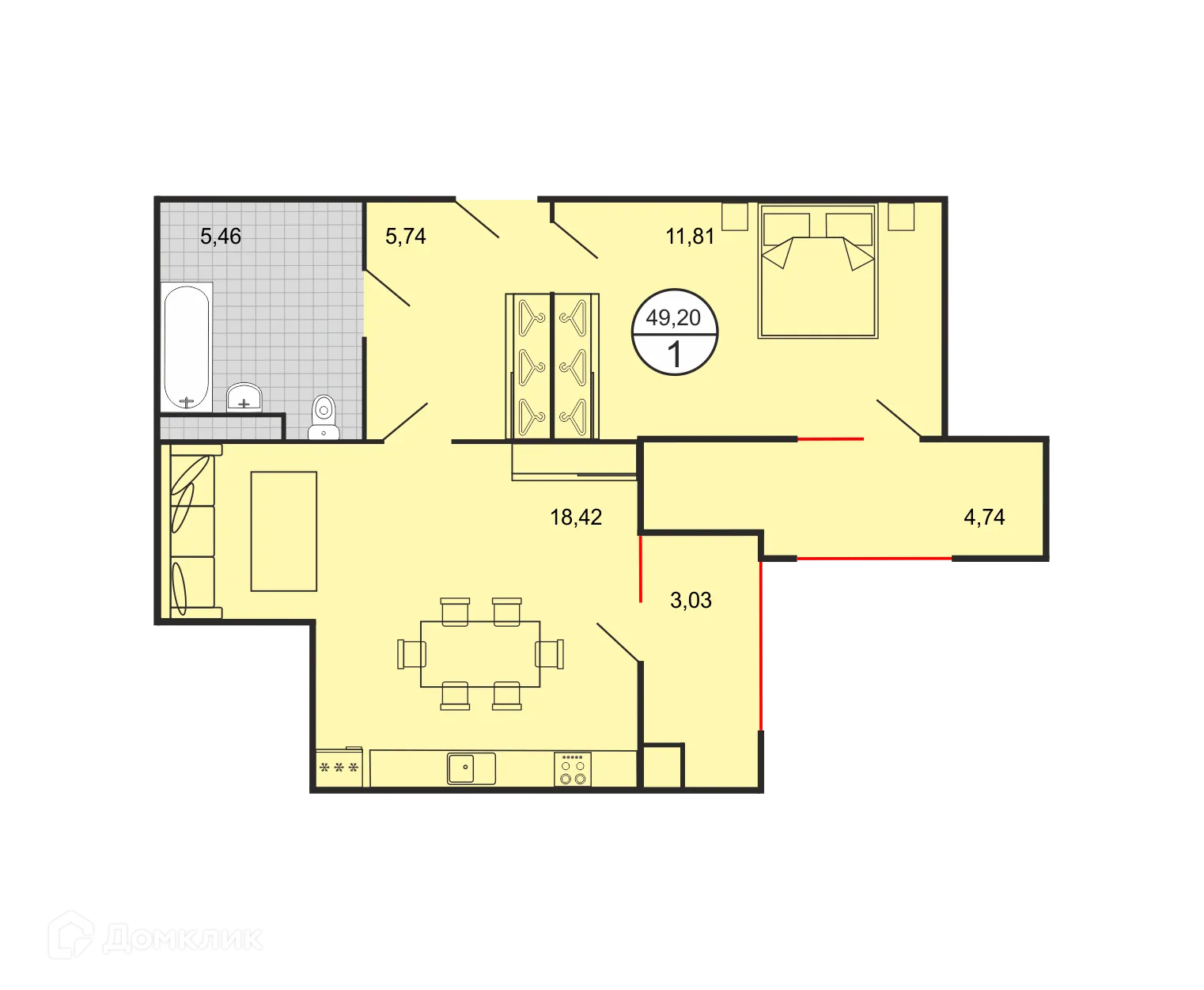 Планировка 1-комнатной квартиры 49.2 м² в ЖК Дыхание, г. Ставрополь — фото 2