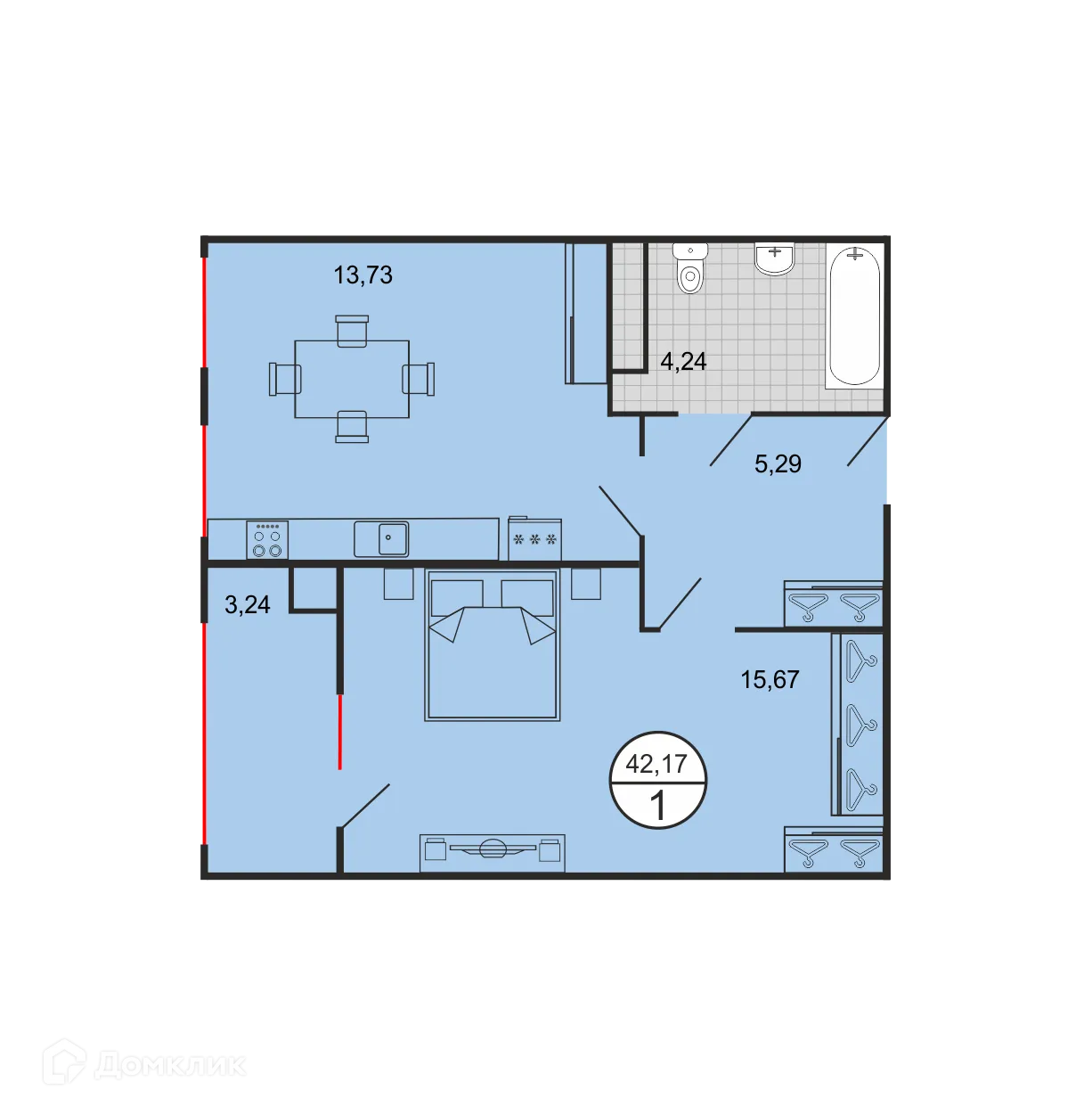 Планировка 1-комнатной квартиры 42.17 м² в ЖК Дыхание, г. Ставрополь — фото 2
