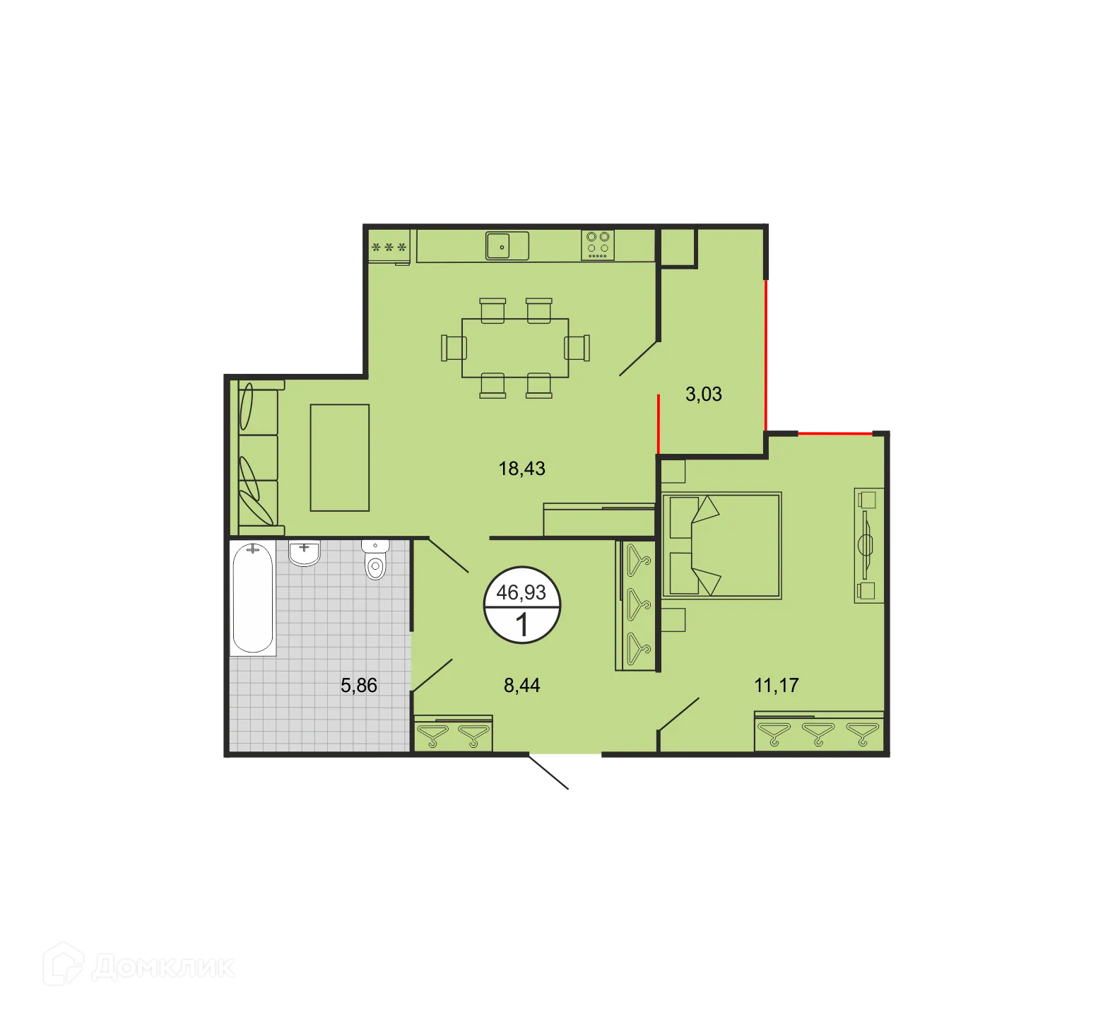 Планировка 1-комнатной квартиры 46.93 м² в ЖК Дыхание, г. Ставрополь — фото 6