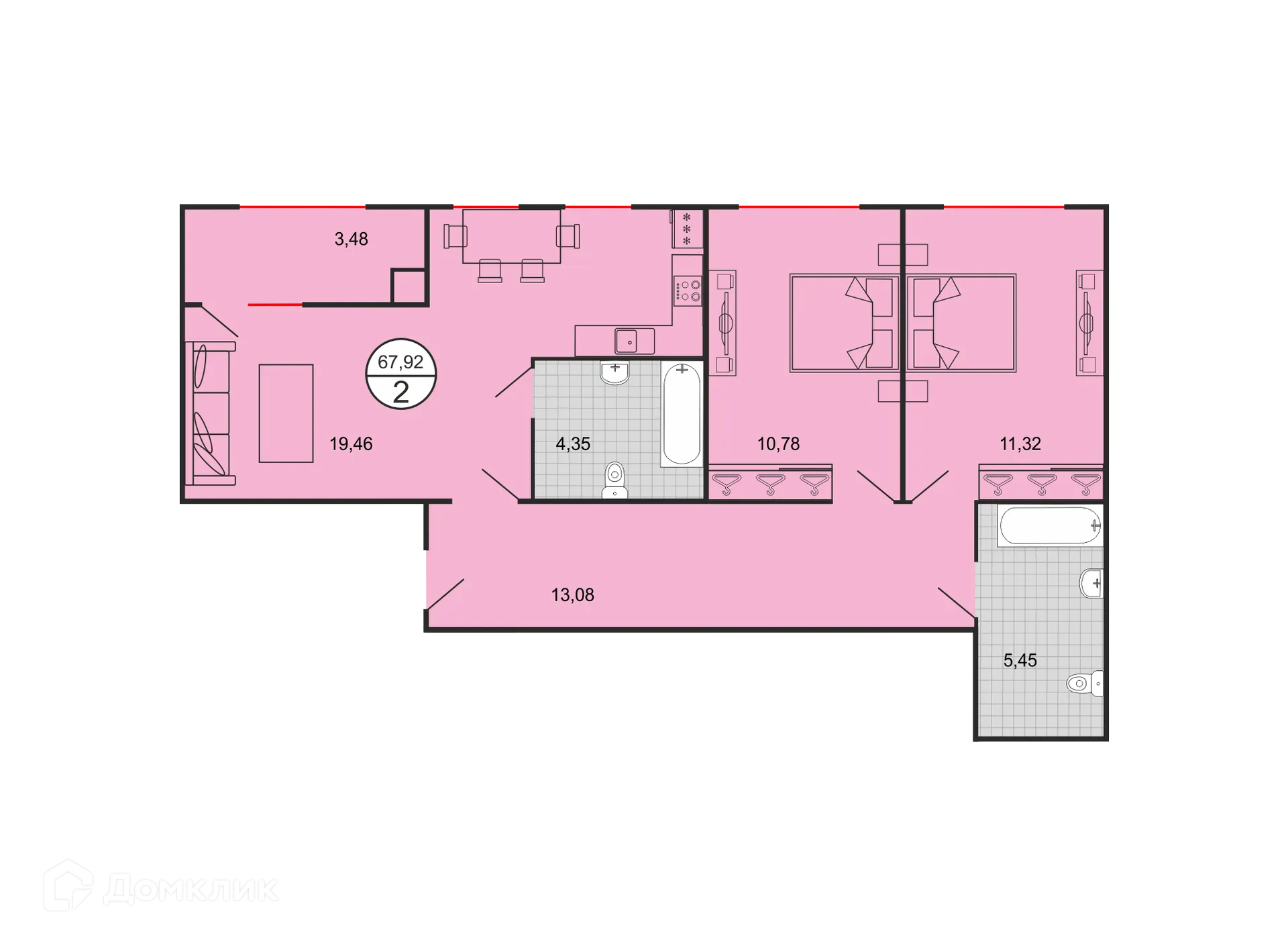 Планировка 2-комнатной квартиры 67.92 м² в ЖК Дыхание, г. Ставрополь — фото 2