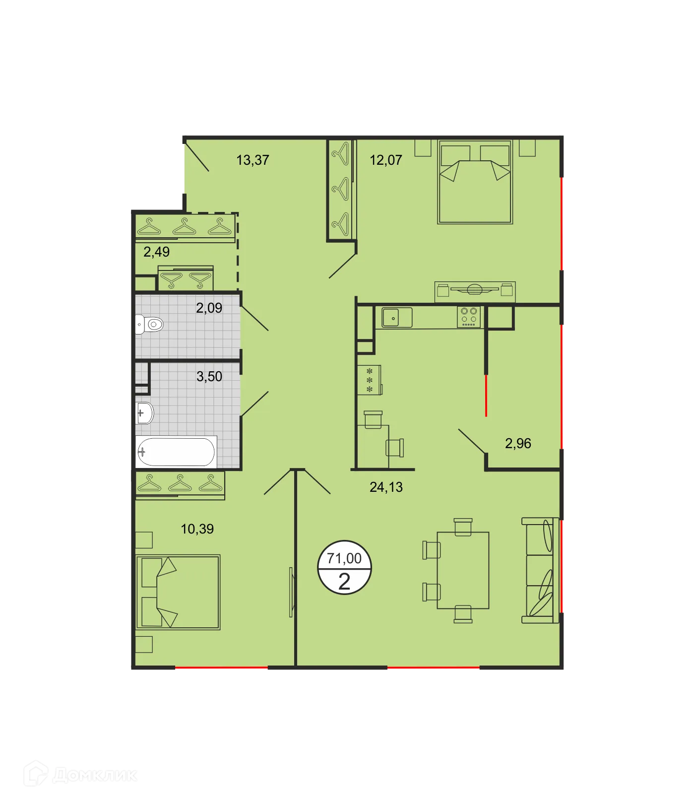 Планировка 2-комнатной квартиры 71 м² в ЖК Дыхание, г. Ставрополь — фото 1