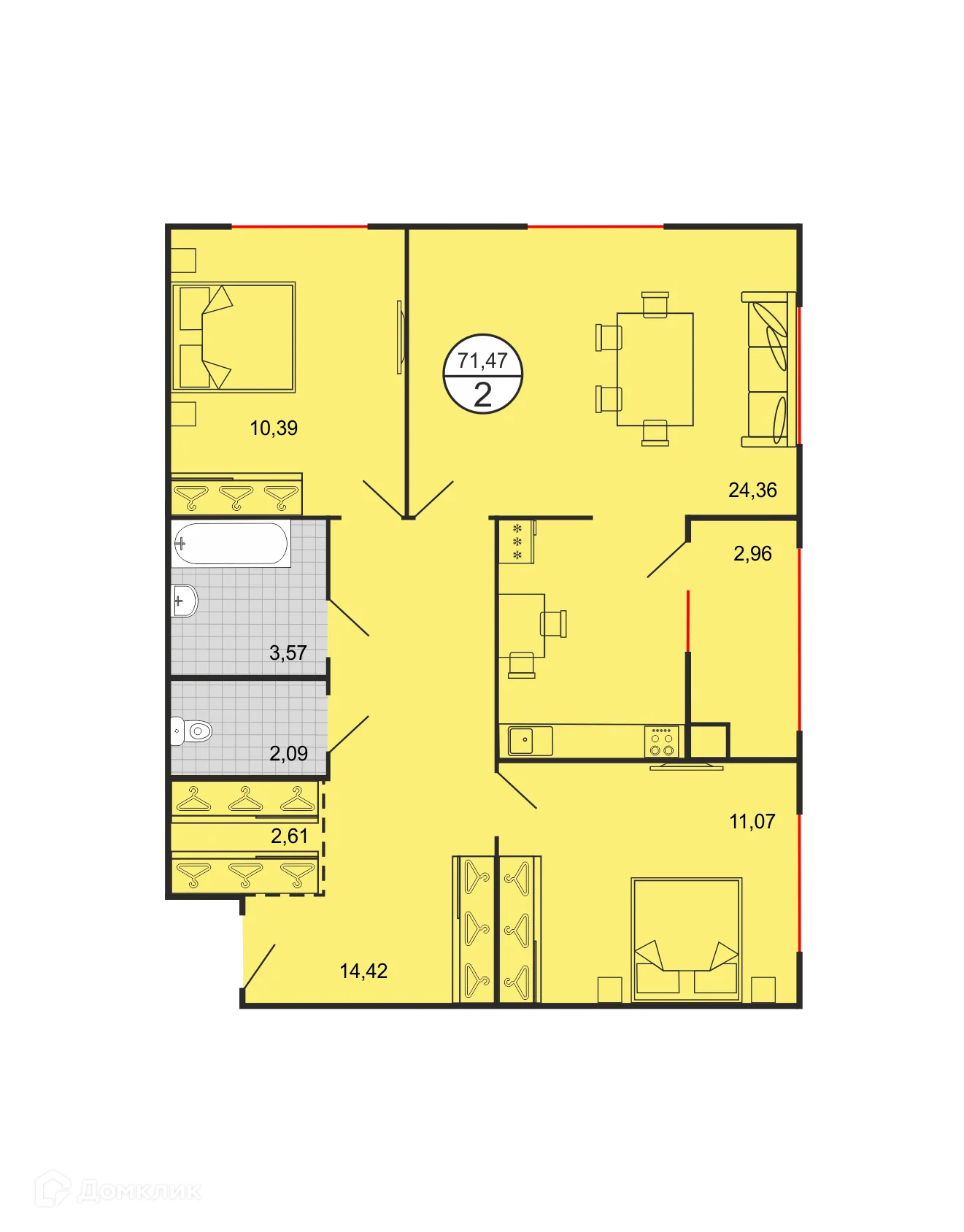 Планировка 2-комнатной квартиры 71.47 м² в ЖК Дыхание, г. Ставрополь — фото 2