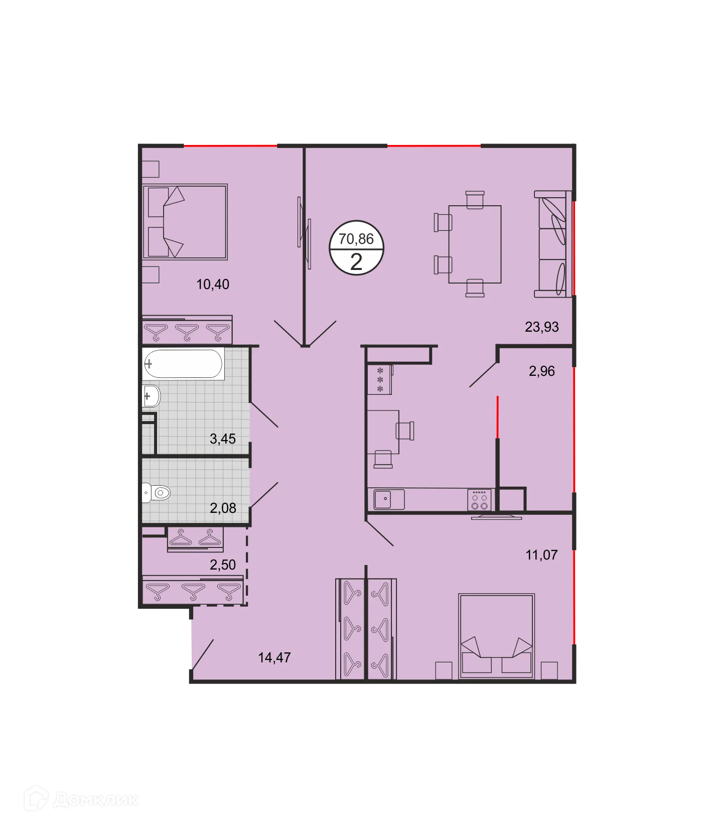 Планировка 2-комнатной квартиры 70.86 м² в ЖК Дыхание, г. Ставрополь — фото 2