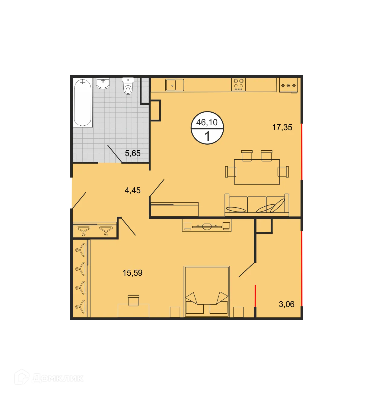 Планировка 1-комнатной квартиры 46.1 м² в ЖК Дыхание, г. Ставрополь — фото 2