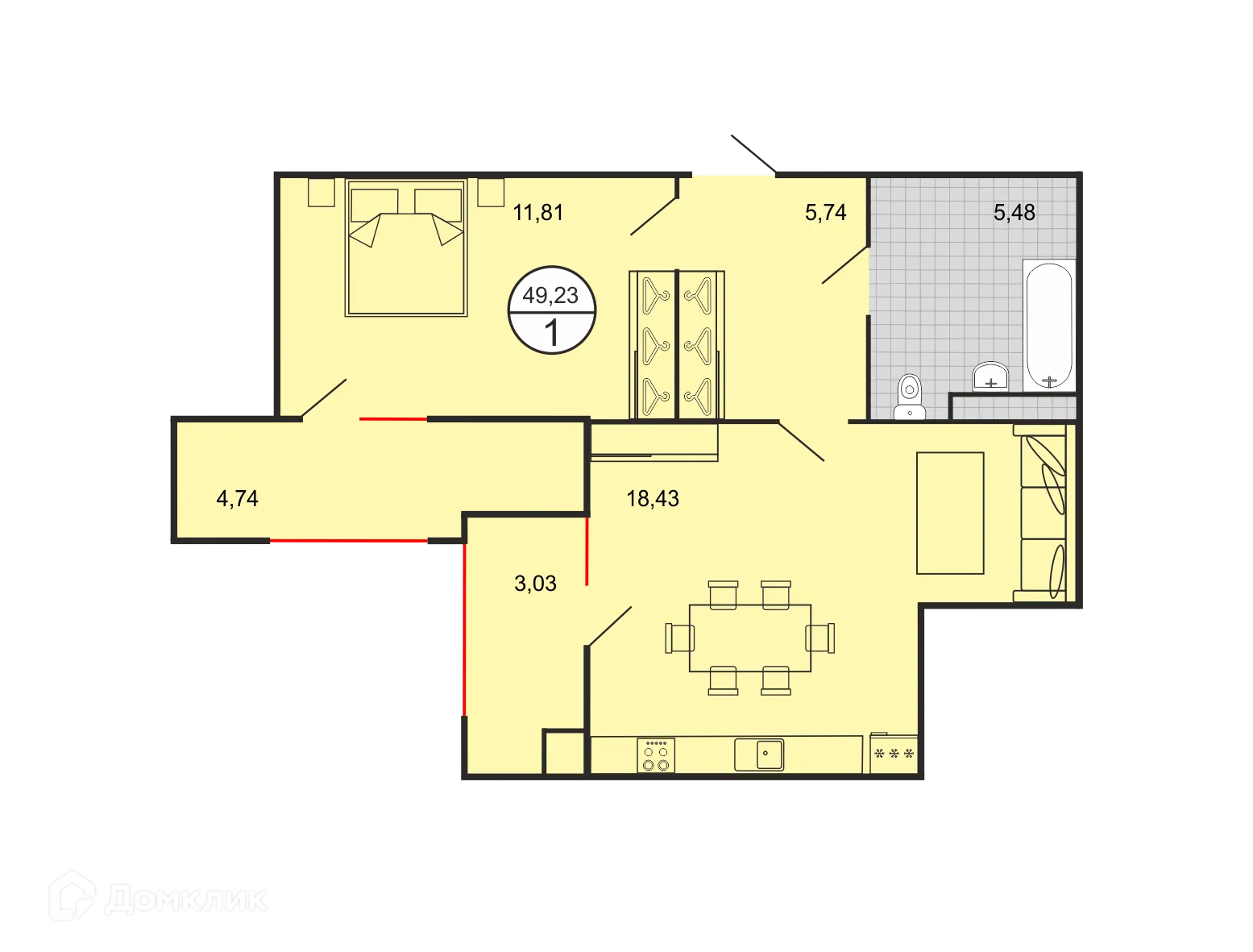 Планировка 1-комнатной квартиры 49.23 м² в ЖК Дыхание, г. Ставрополь — фото 1