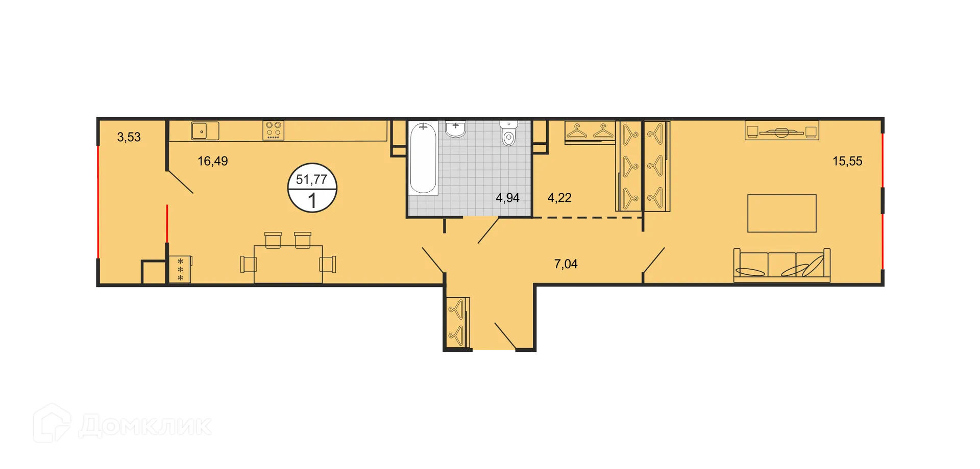 Планировка 1-комнатной квартиры 51.72 м² в ЖК Дыхание, г. Ставрополь — фото 1