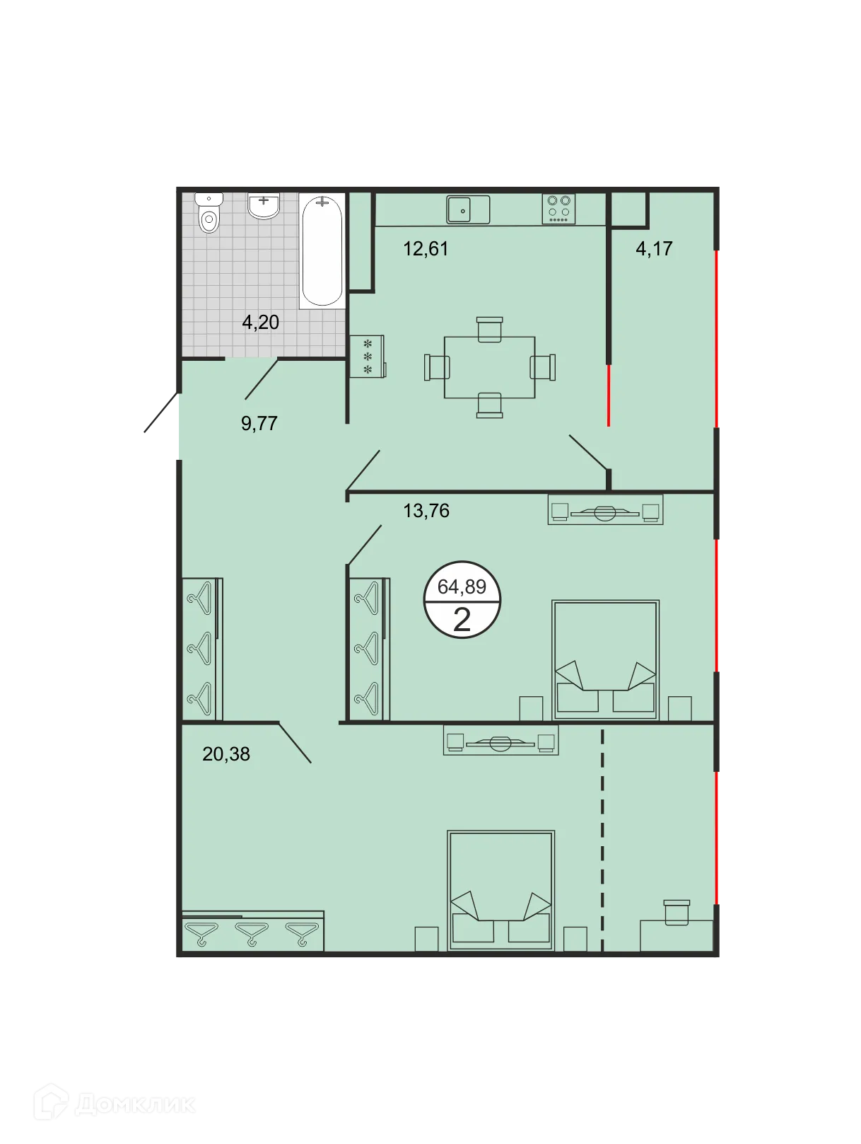 Планировка 2-комнатной квартиры 64.81 м² в ЖК Дыхание, г. Ставрополь — фото 2