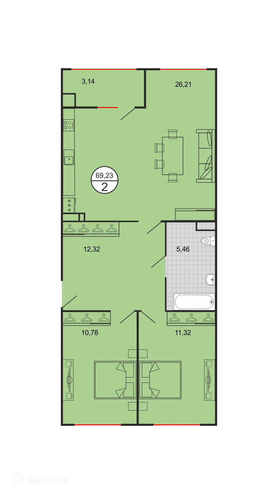 Планировка 2-комнатной квартиры 69.23 м² в ЖК Дыхание, г. Ставрополь — фото 1