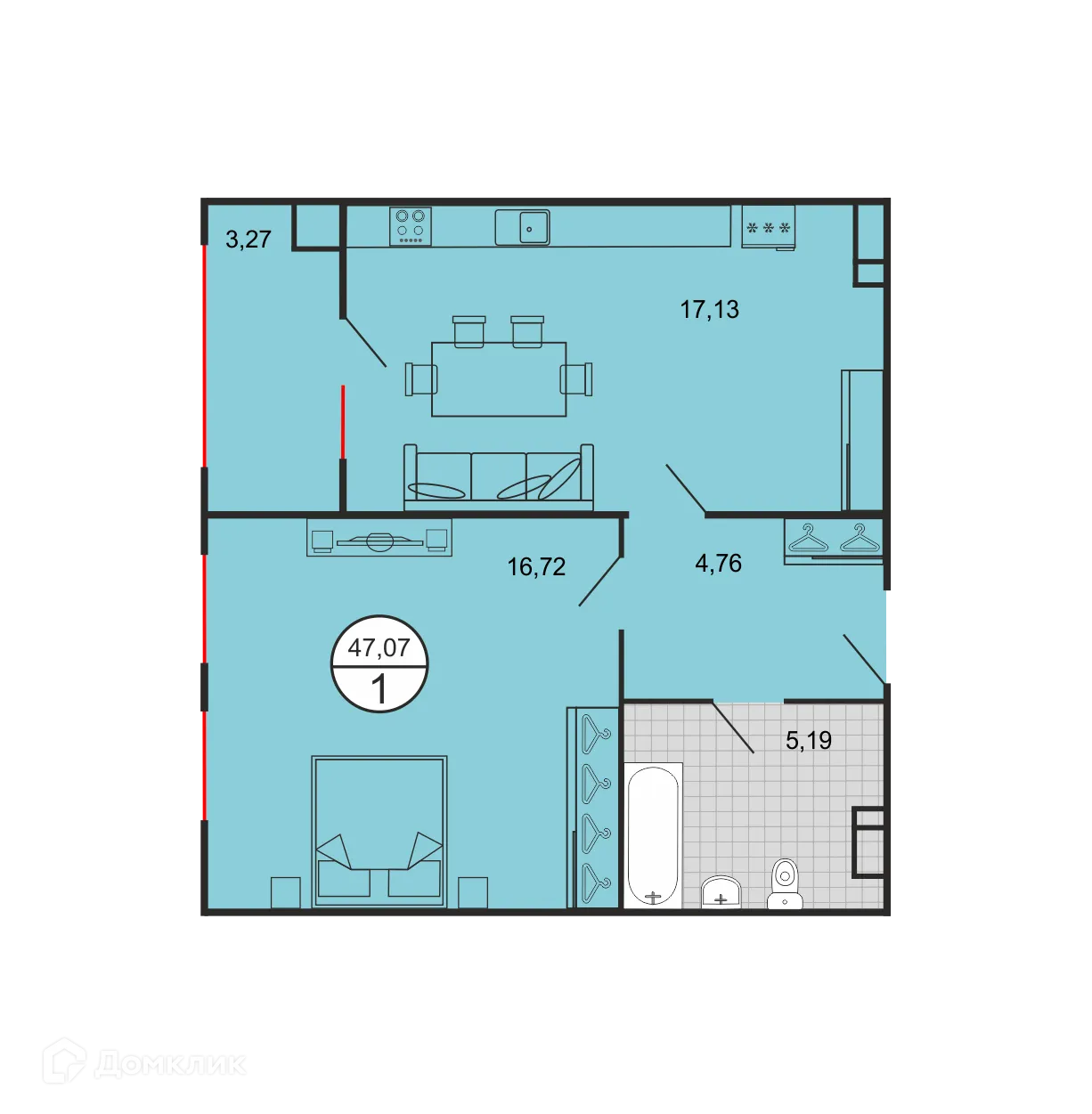 Планировка 1-комнатной квартиры 47.07 м² в ЖК Дыхание, г. Ставрополь — фото 1