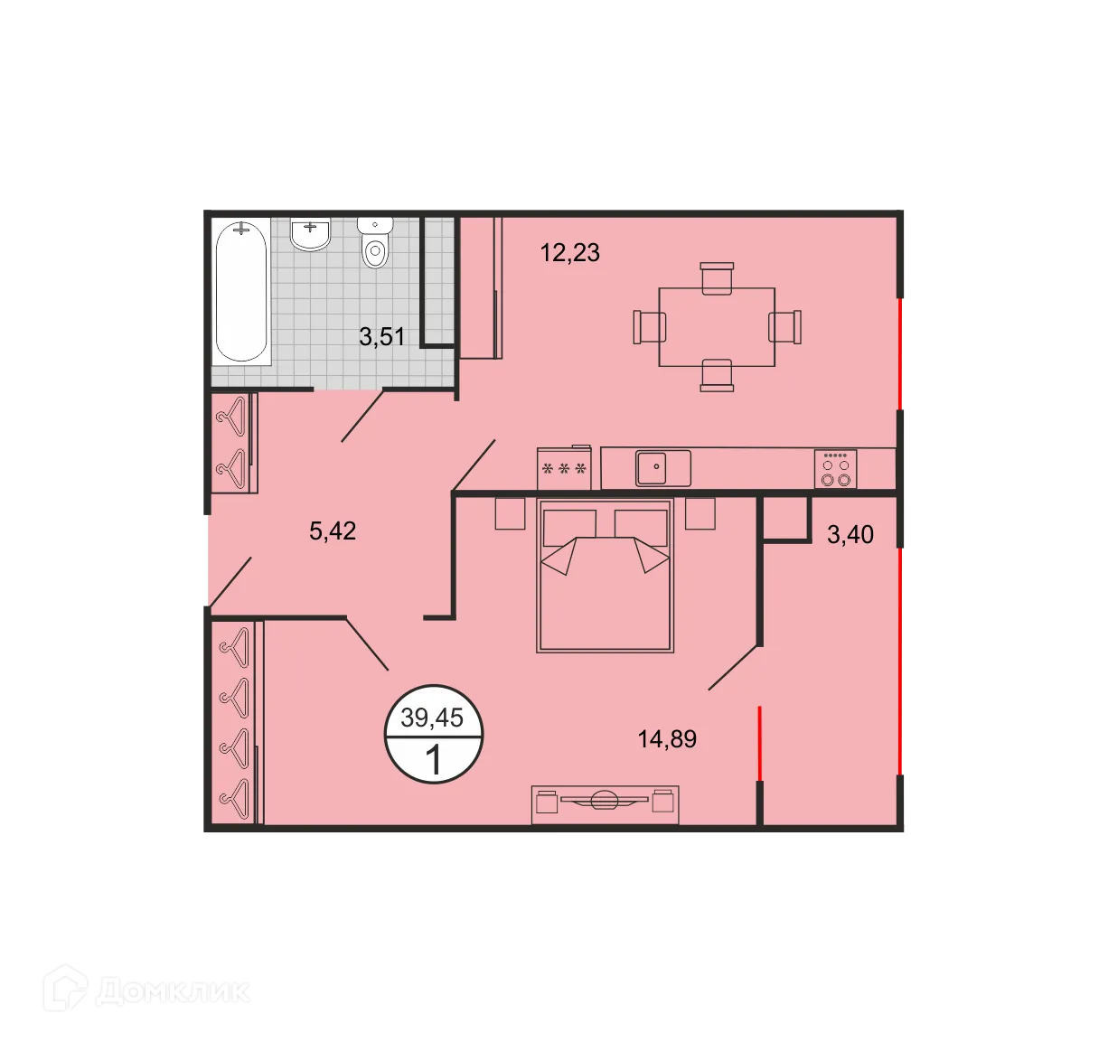 Планировка 1-комнатной квартиры 39.45 м² в ЖК Дыхание, г. Ставрополь — фото 1