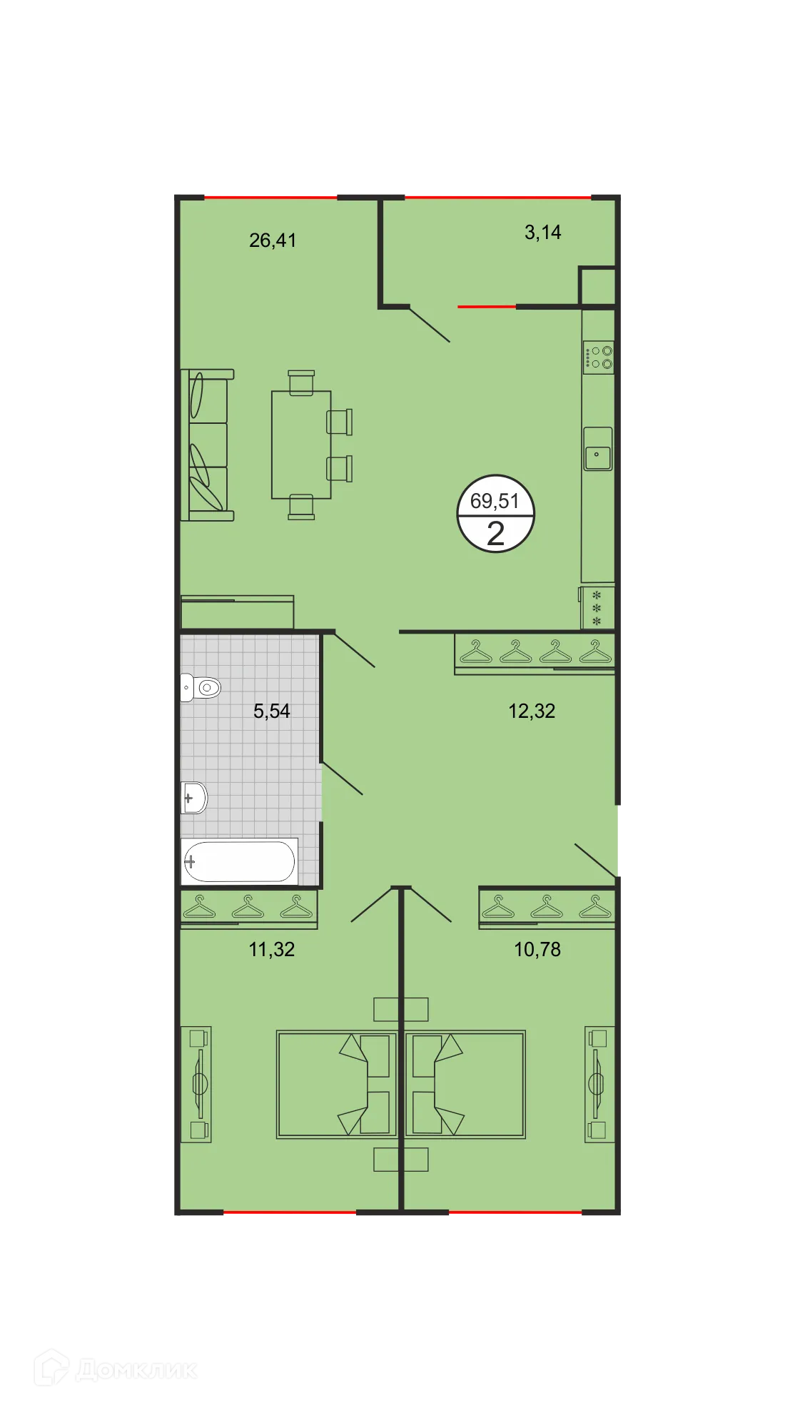 Планировка 2-комнатной квартиры 69.51 м² в ЖК Дыхание, г. Ставрополь — фото 6