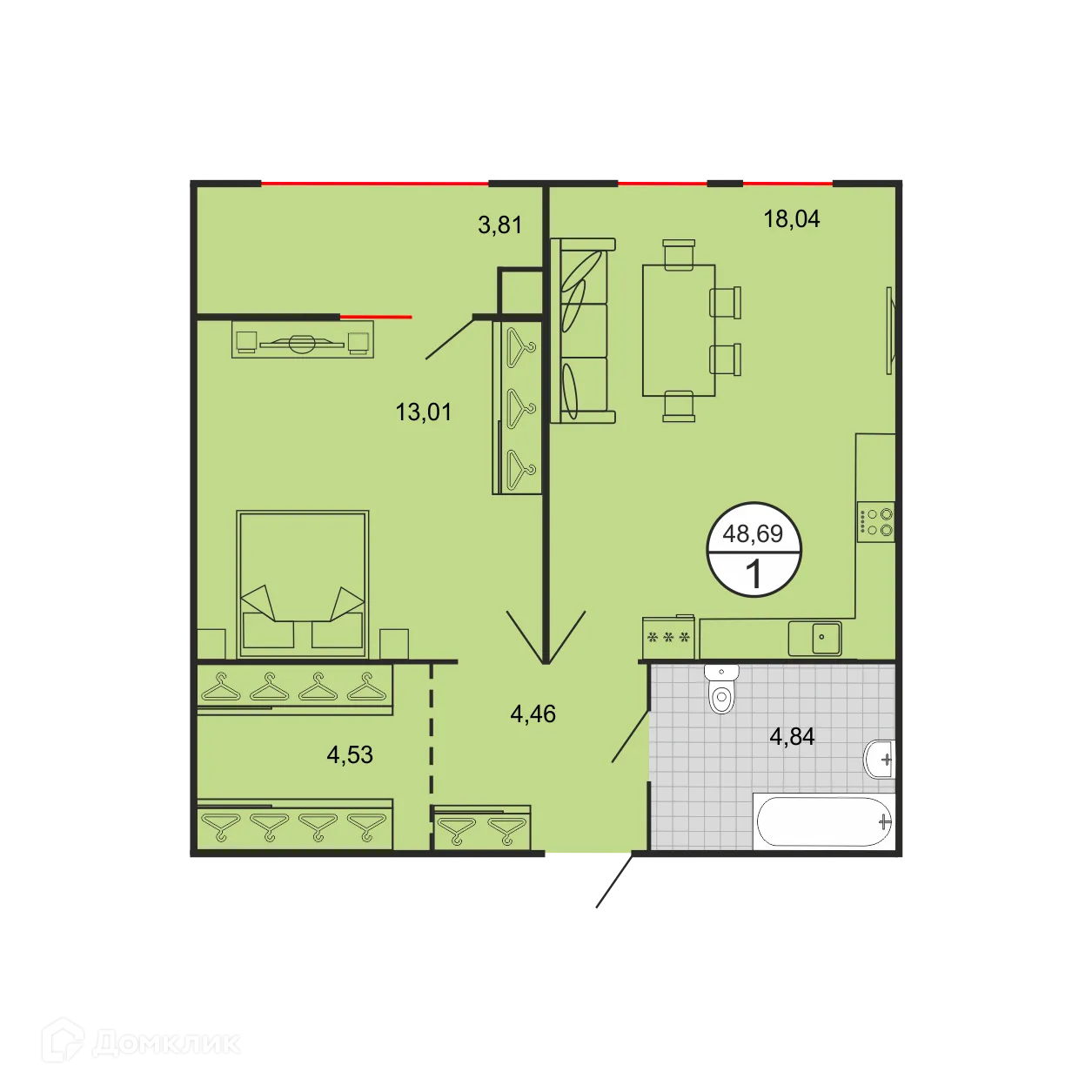 Планировка 1-комнатной квартиры 48.69 м² в ЖК Дыхание, г. Ставрополь — фото 2
