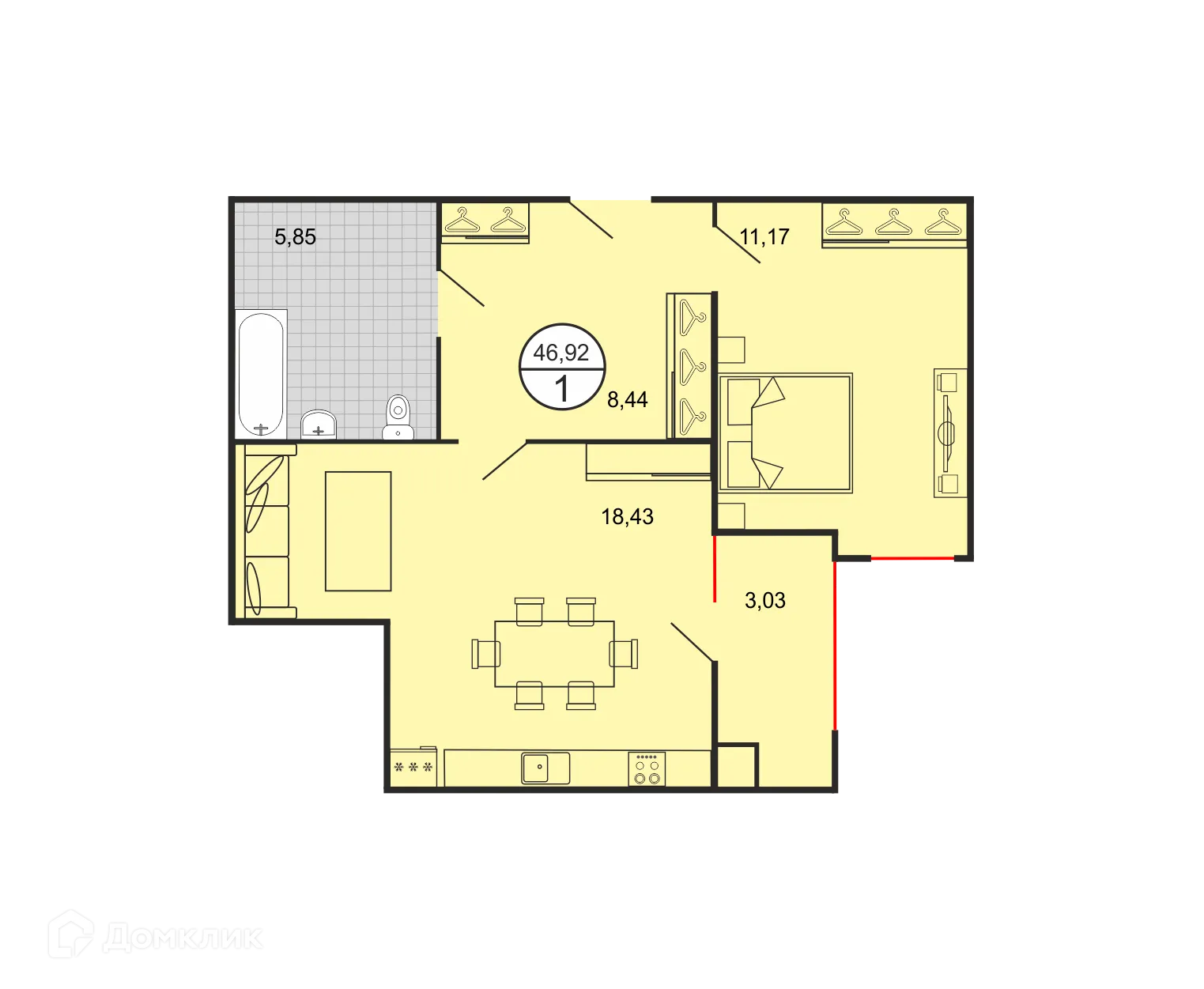 Планировка 1-комнатной квартиры 46.92 м² в ЖК Дыхание, г. Ставрополь — фото 2