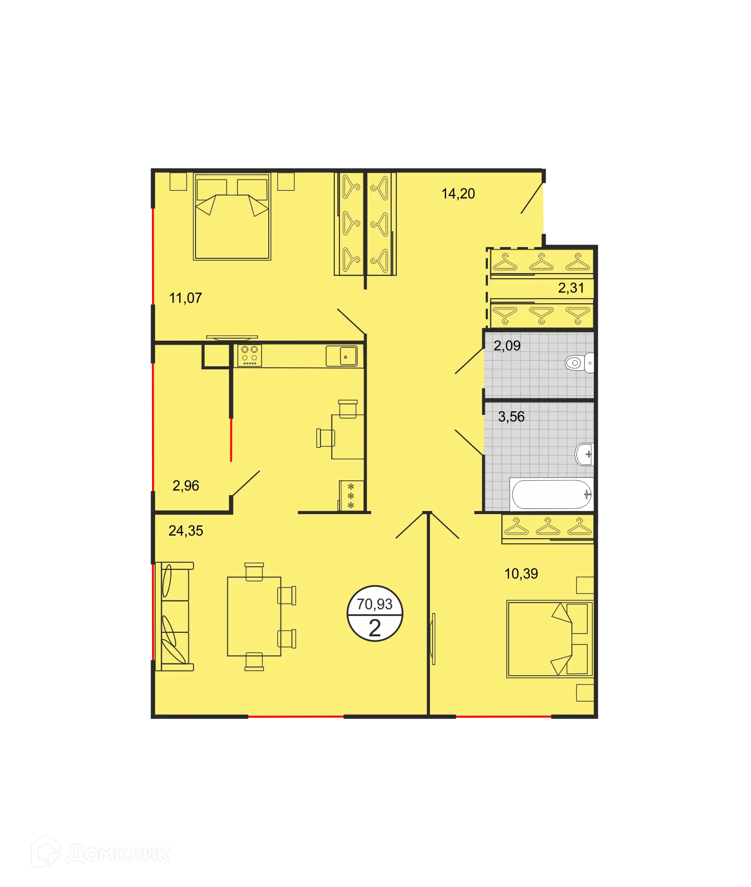 Планировка 2-комнатной квартиры 70.93 м² в ЖК Дыхание, г. Ставрополь — фото 1