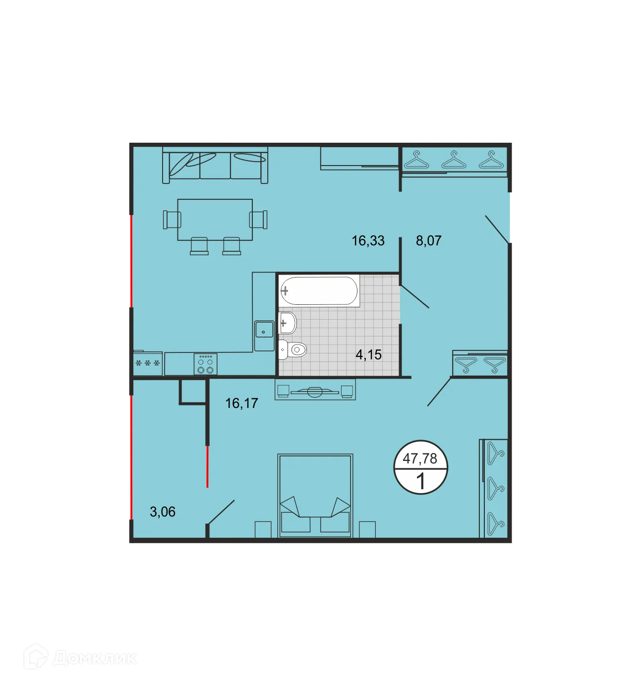 Планировка 1-комнатной квартиры 47.78 м² в ЖК Дыхание, г. Ставрополь — фото 2