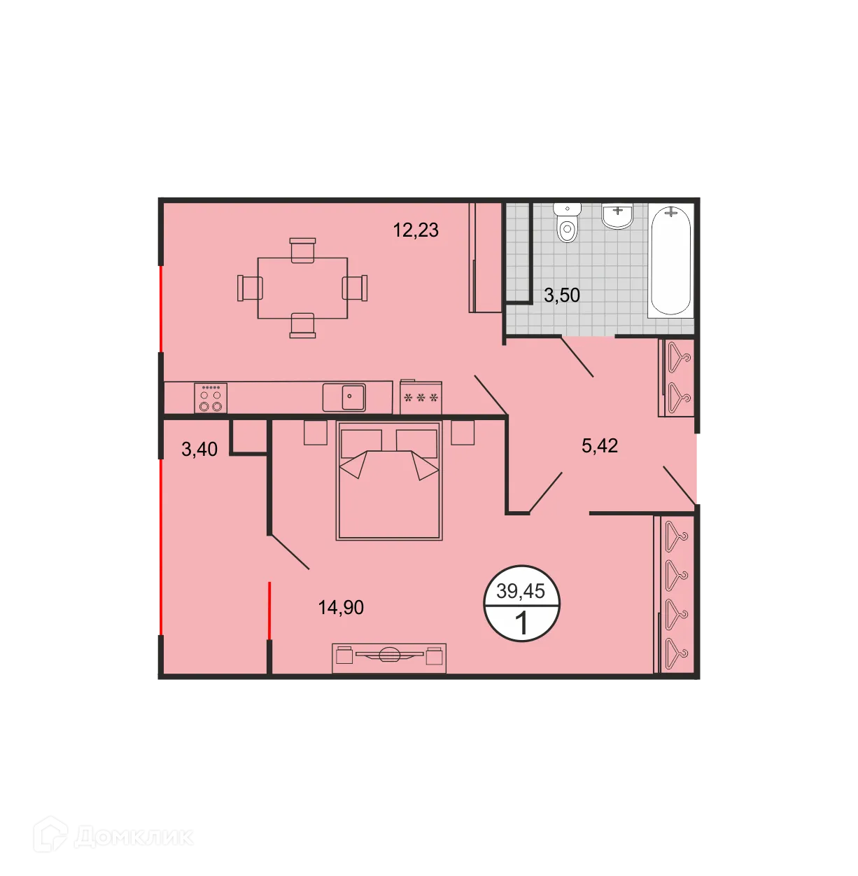 Планировка 1-комнатной квартиры 39.45 м² в ЖК Дыхание, г. Ставрополь — фото 2