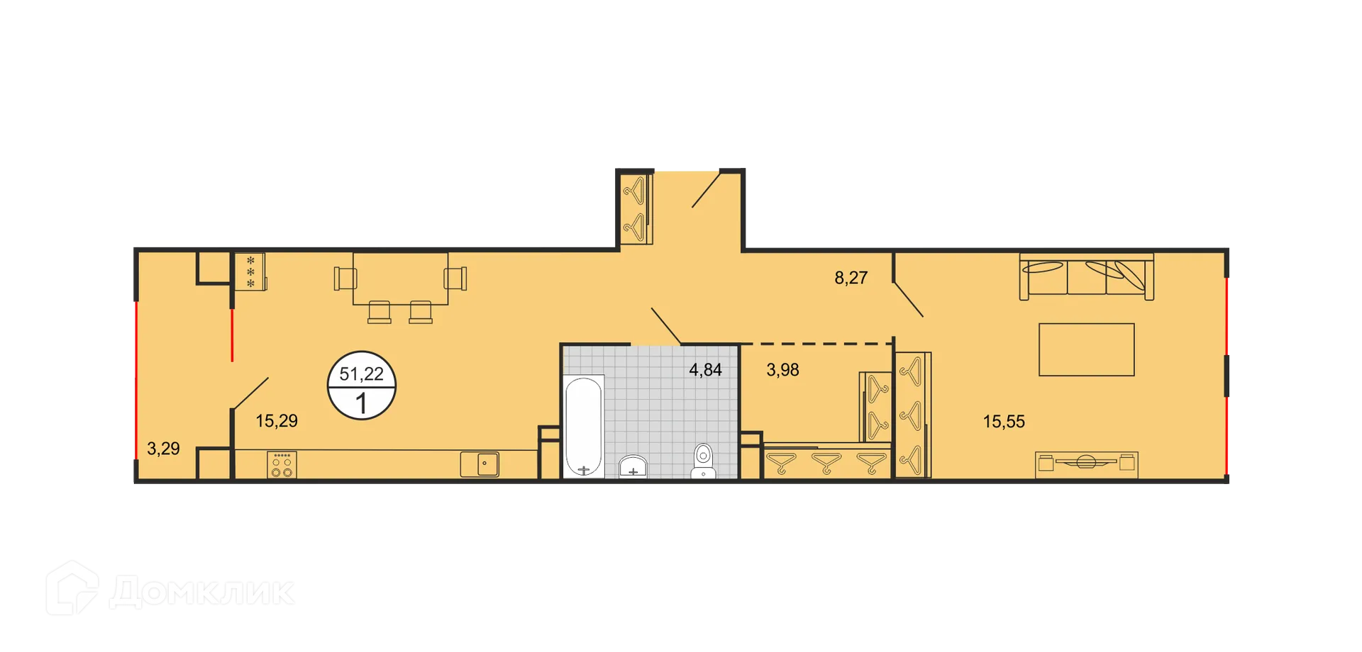 Планировка 1-комнатной квартиры 51.22 м² в ЖК Дыхание, г. Ставрополь — фото 6