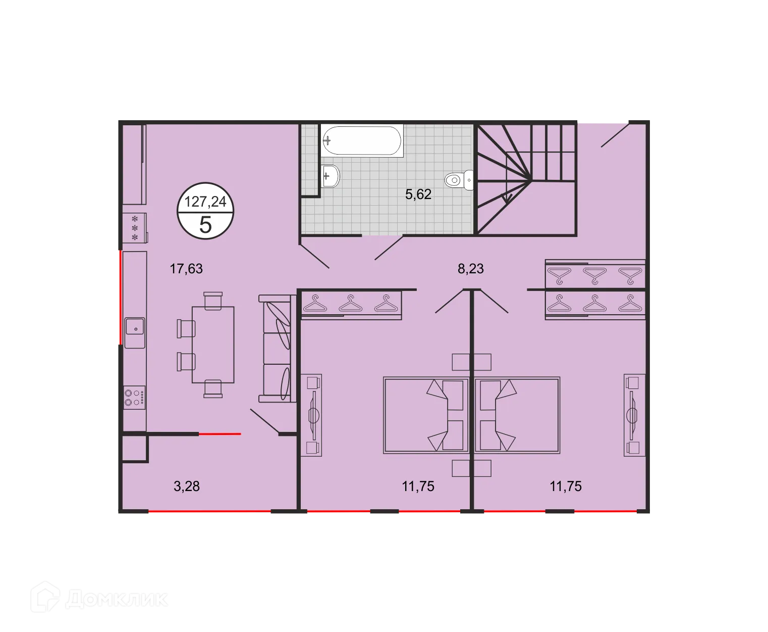 Планировка 5-комнатной квартиры 127.24 м² в ЖК Дыхание, г. Ставрополь — фото 2