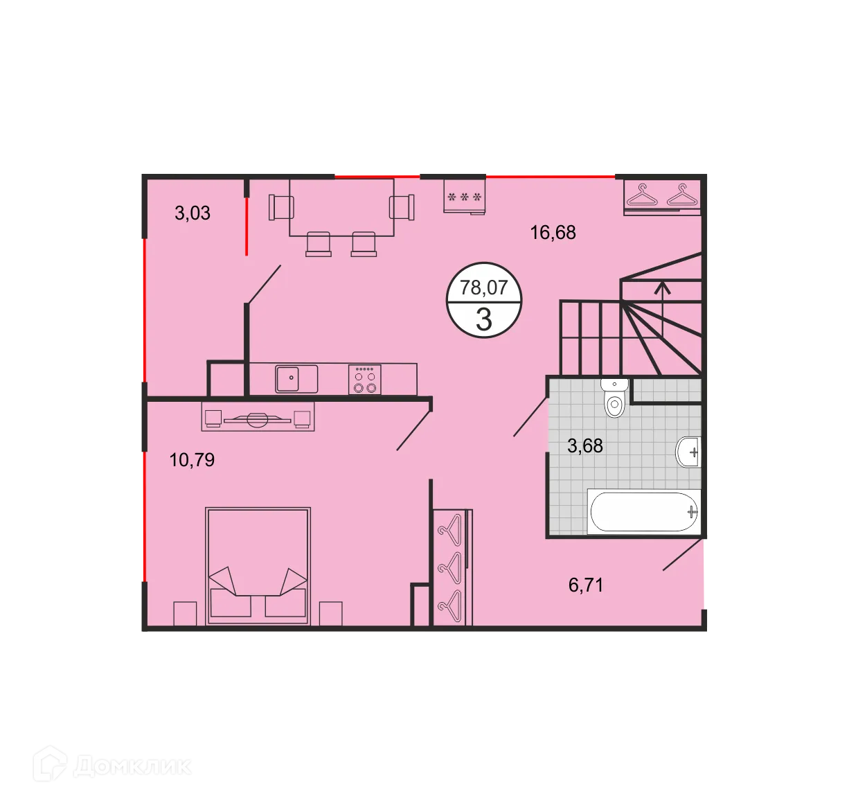 Планировка 3-комнатной квартиры 78.07 м² в ЖК Дыхание, г. Ставрополь — фото 2