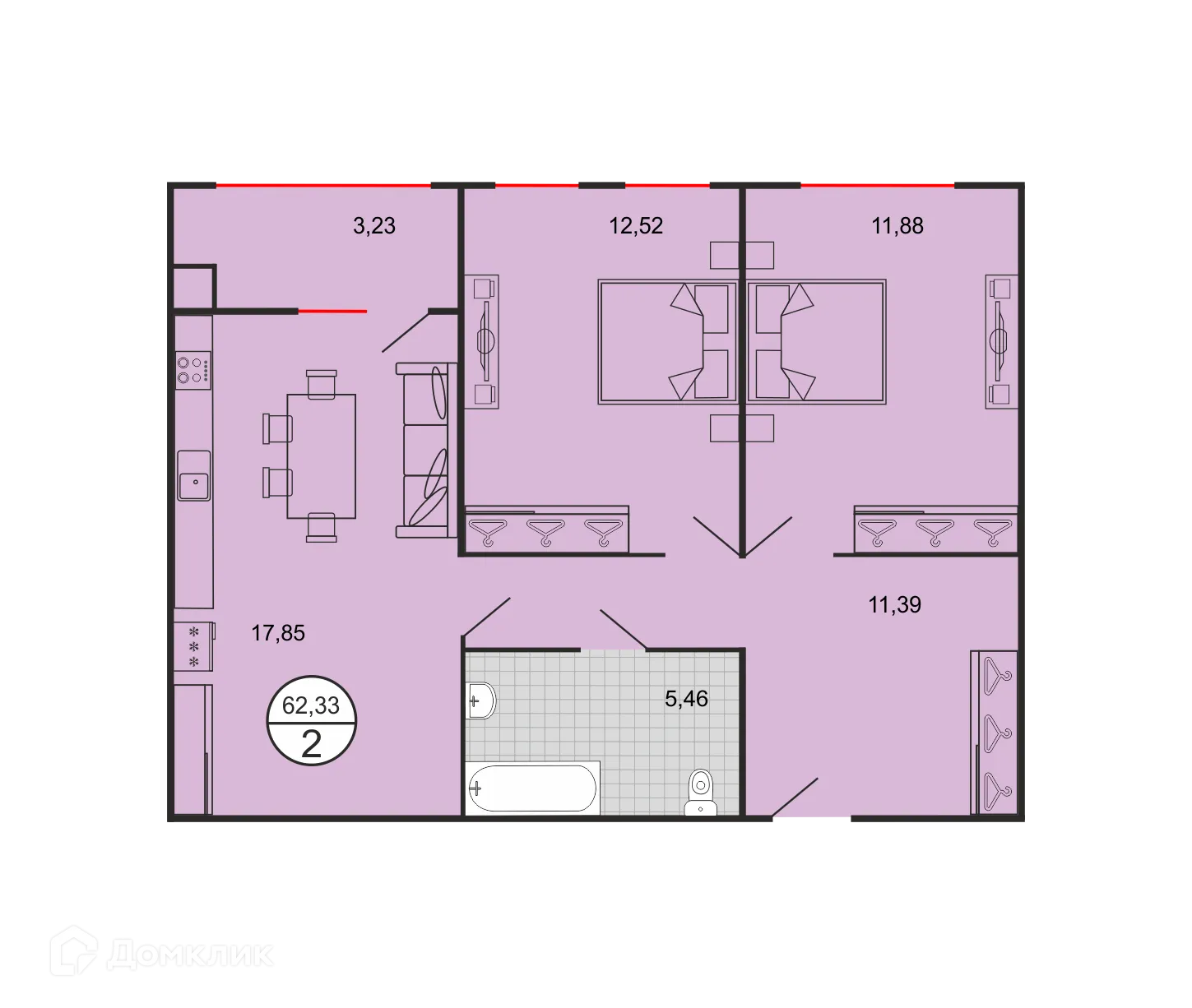 Планировка 2-комнатной квартиры 62.33 м² в ЖК Дыхание, г. Ставрополь — фото 2