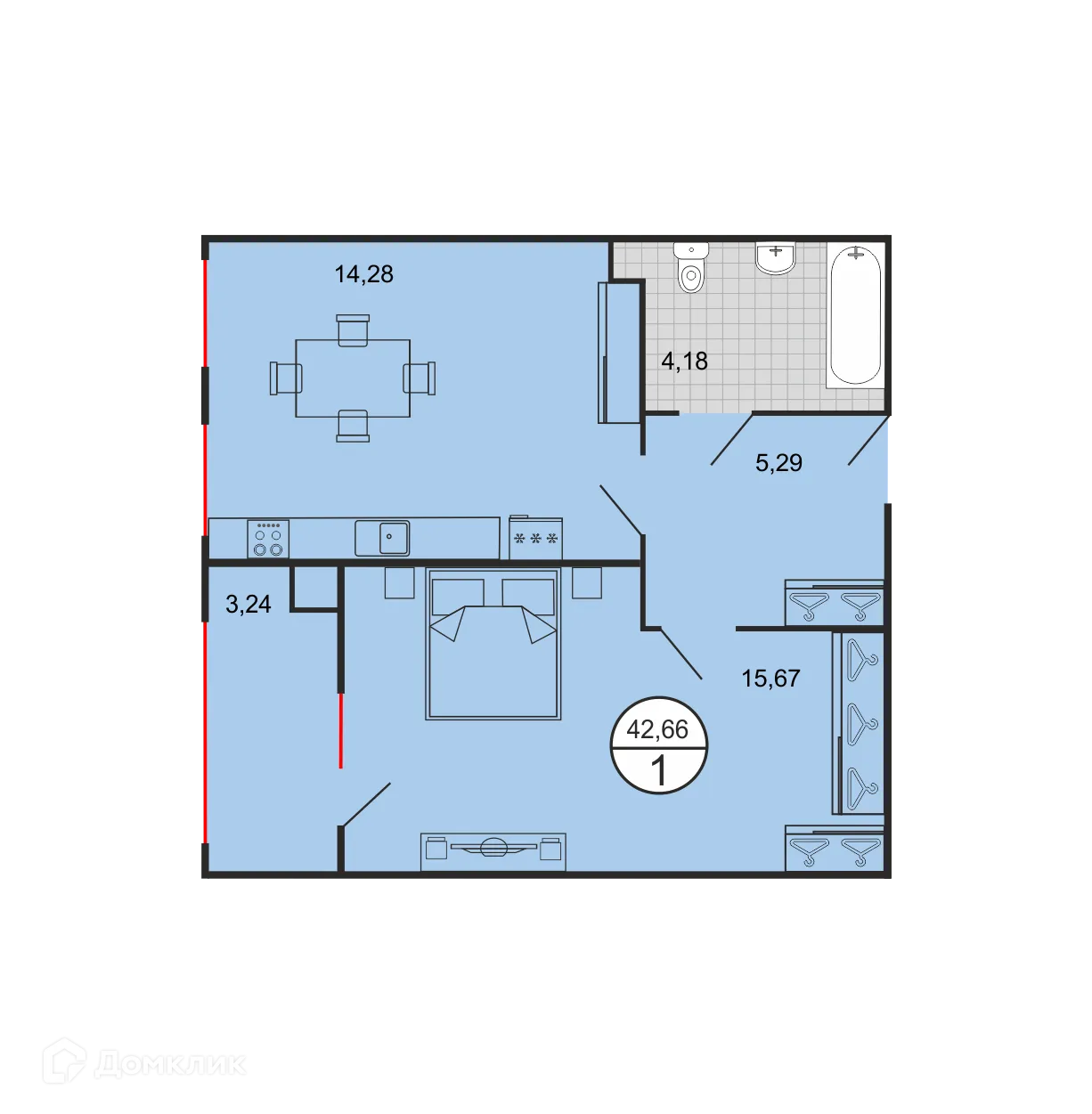 Планировка 1-комнатной квартиры 42.66 м² в ЖК Дыхание, г. Ставрополь — фото 2