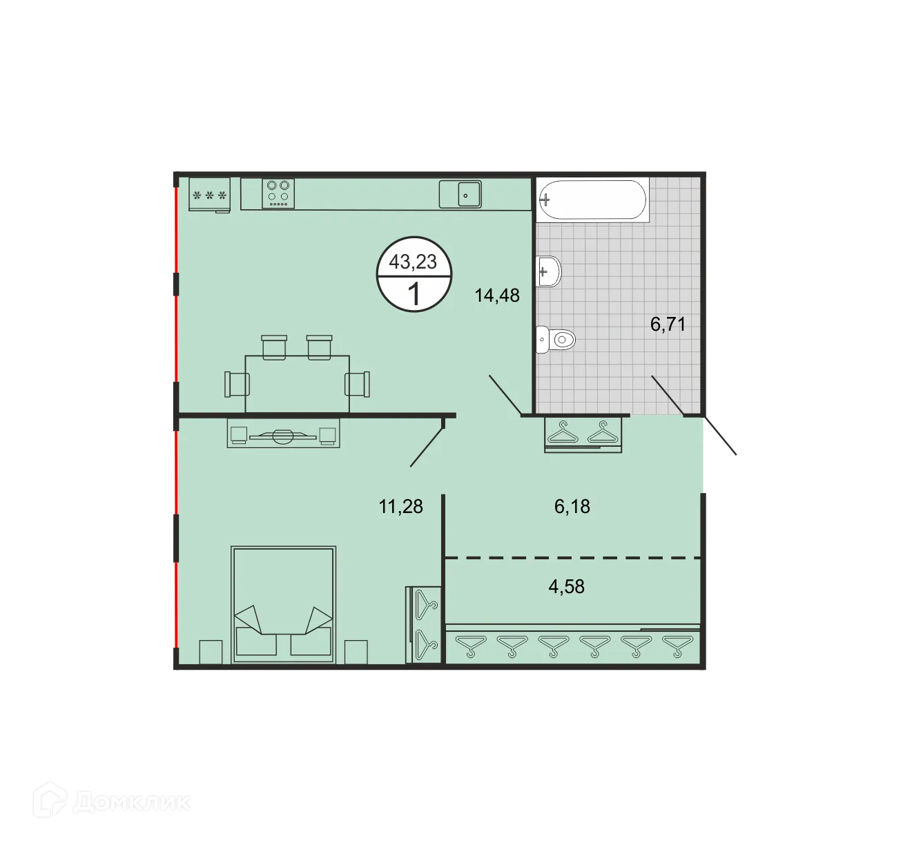 Планировка 1-комнатной квартиры 43.23 м² в ЖК Дыхание, г. Ставрополь — фото 2