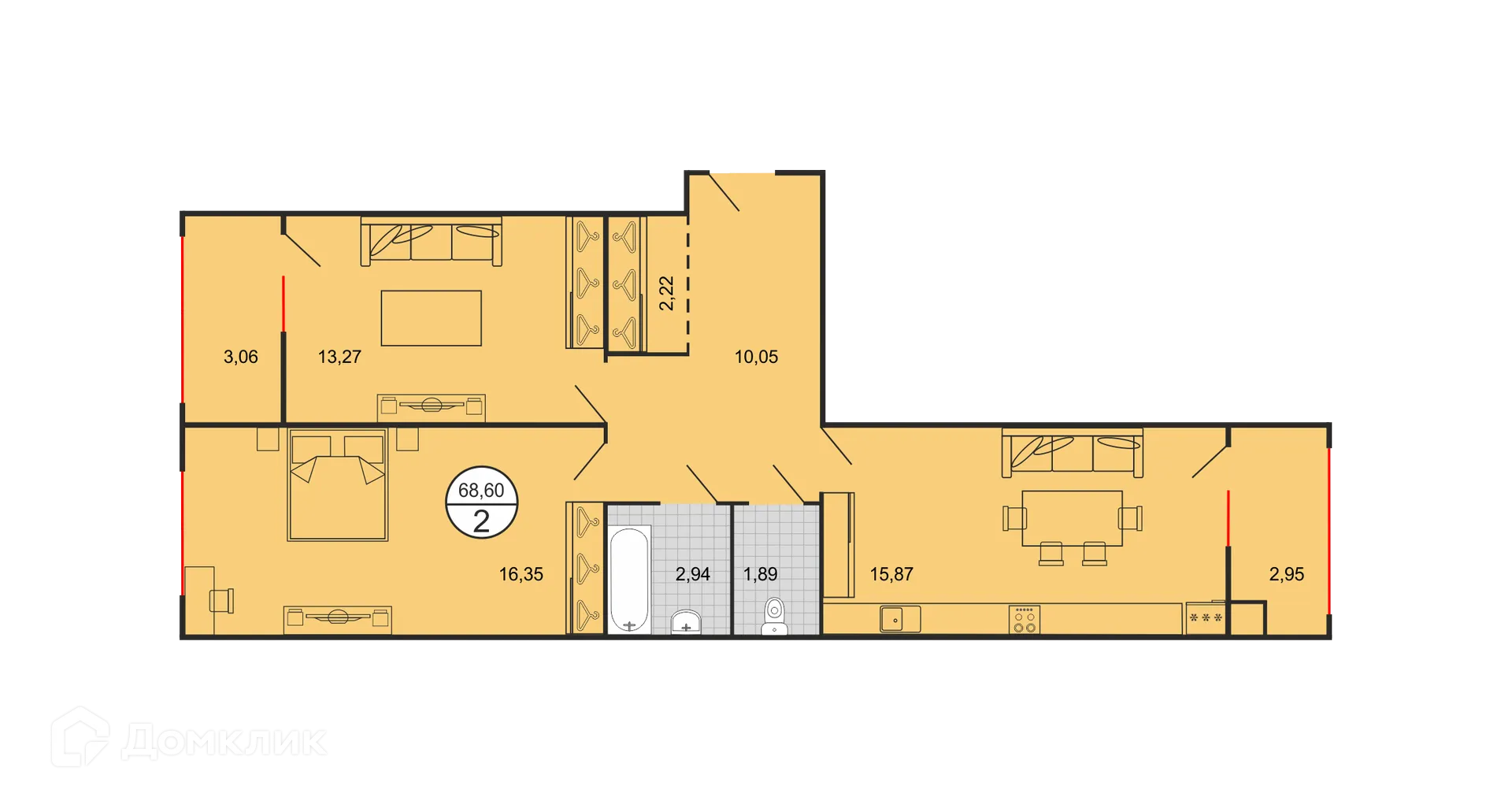 Планировка 2-комнатной квартиры 68.6 м² в ЖК Дыхание, г. Ставрополь — фото 2