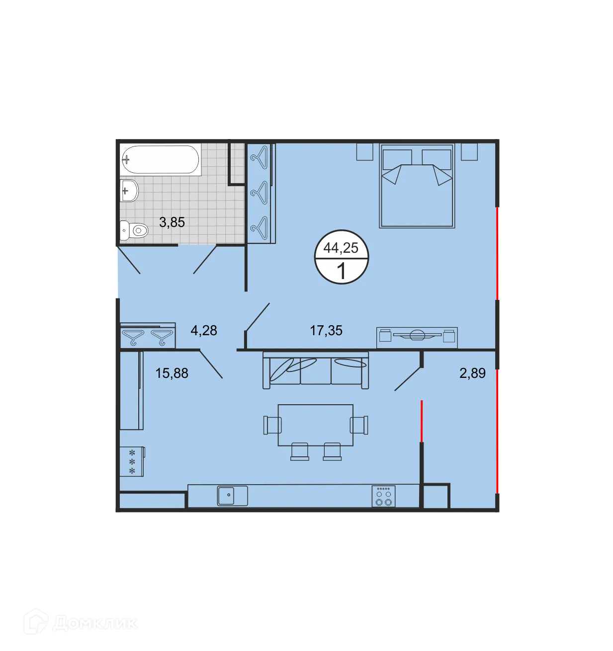 Планировка 1-комнатной квартиры 44.25 м² в ЖК Дыхание, г. Ставрополь — фото 2