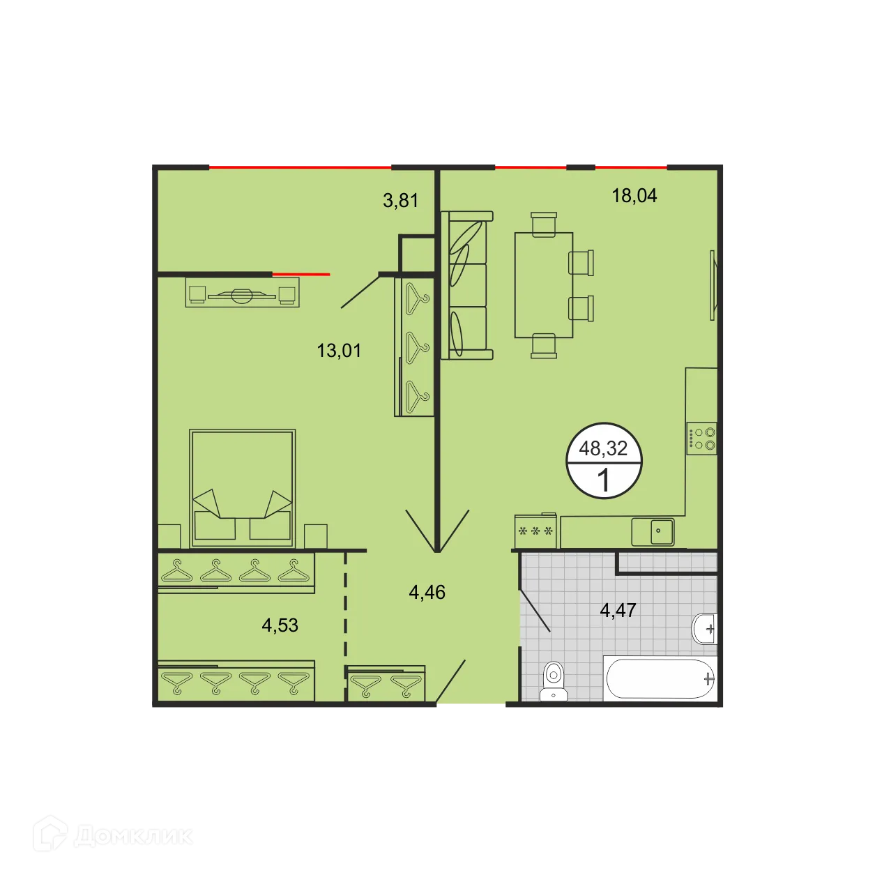 Планировка 1-комнатной квартиры 48.32 м² в ЖК Дыхание, г. Ставрополь — фото 1