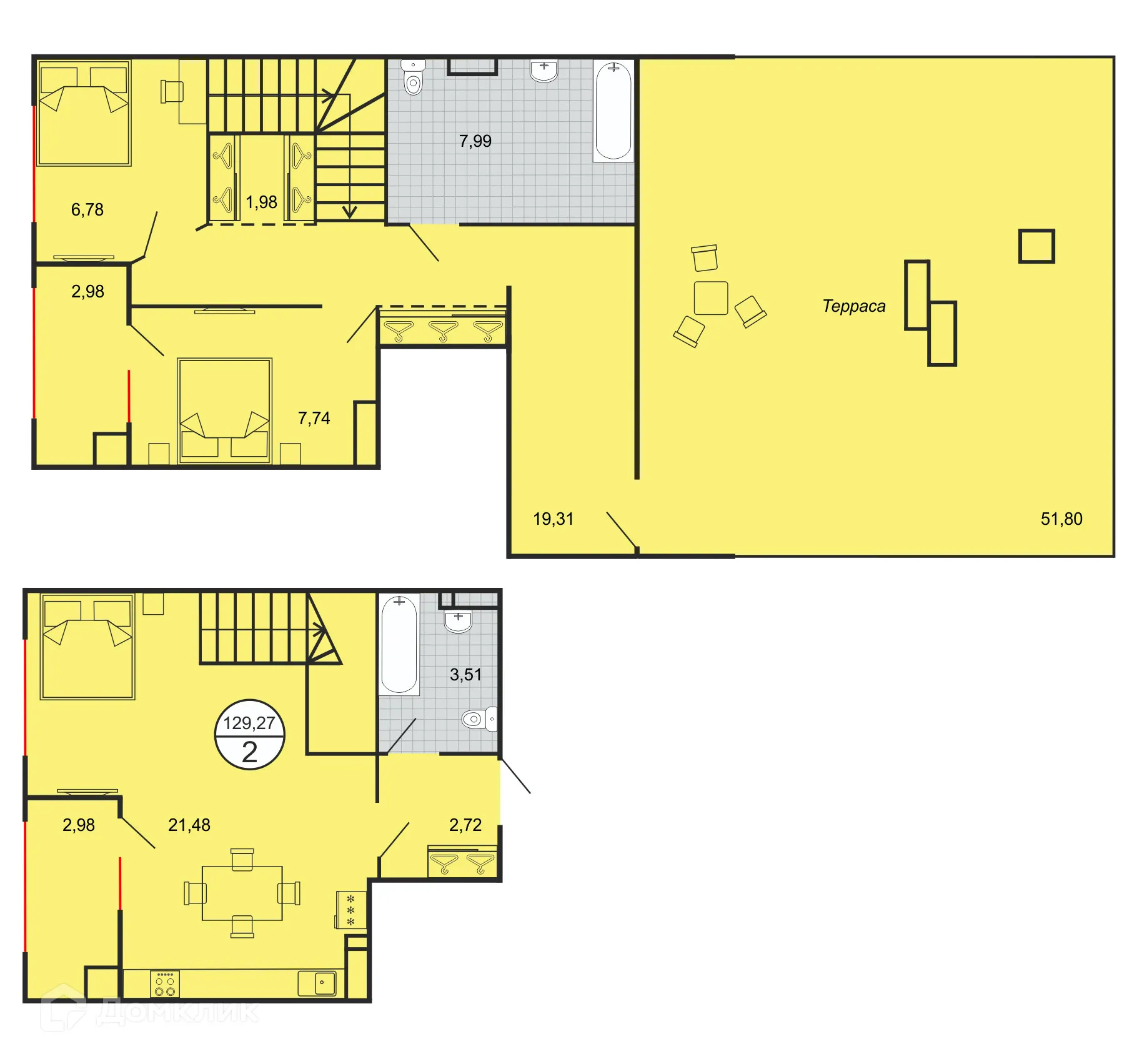 Планировка 2-комнатной квартиры 129.27 м² в ЖК Дыхание, г. Ставрополь — фото 2