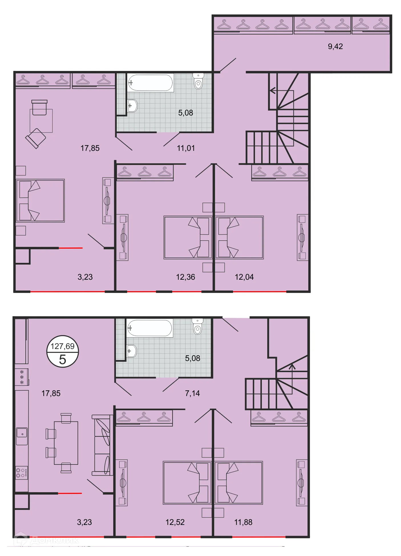 Планировка 5-комнатной квартиры 127.69 м² в ЖК Дыхание, г. Ставрополь — фото 2