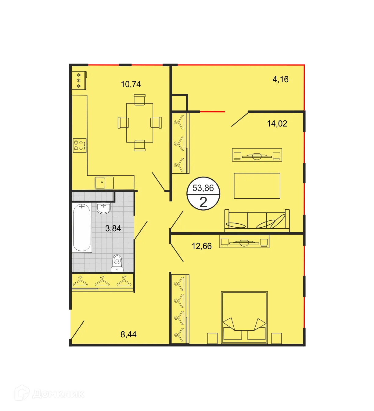 Планировка 2-комнатной квартиры 53.86 м² в ЖК Дыхание, г. Ставрополь — фото 1
