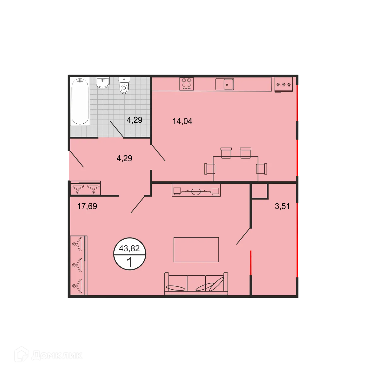 Планировка 1-комнатной квартиры 43.82 м² в ЖК Дыхание, г. Ставрополь — фото 2