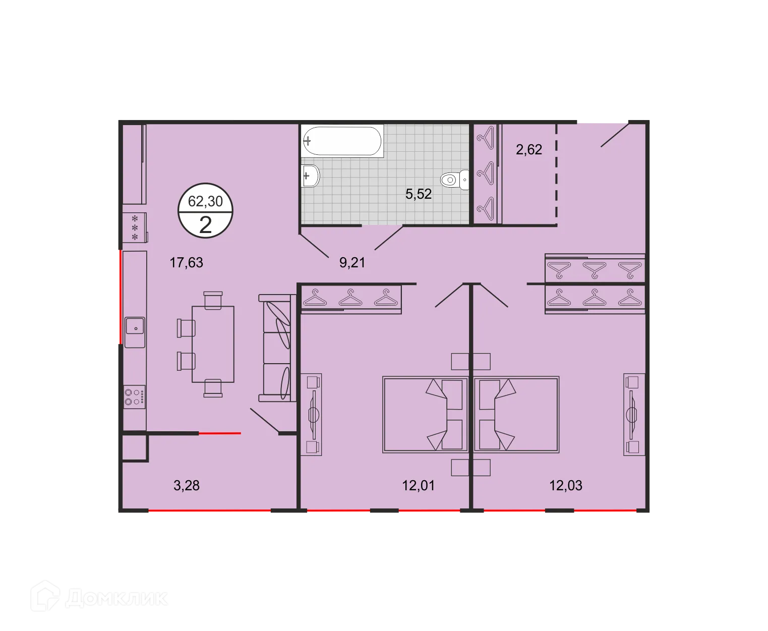Планировка 2-комнатной квартиры 62.3 м² в ЖК Дыхание, г. Ставрополь — фото 2